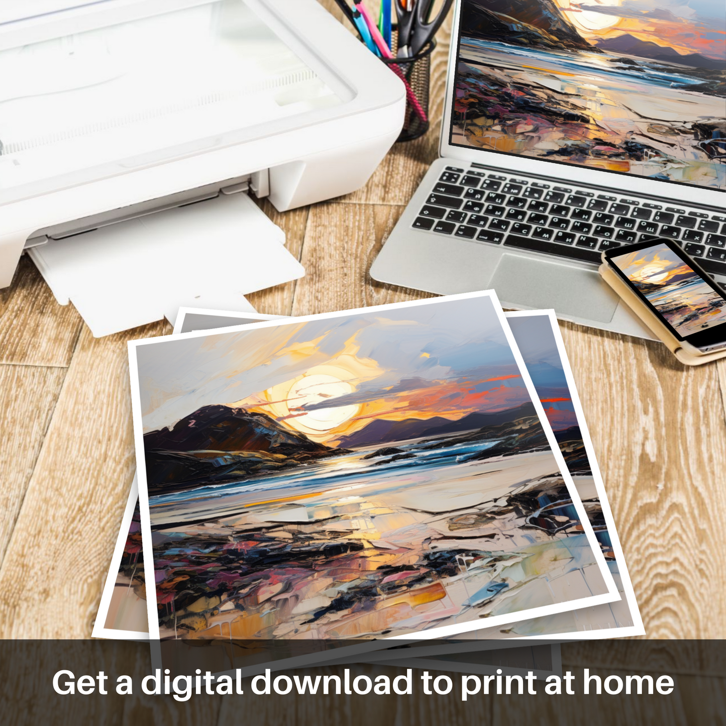 Downloadable and printable picture of Traigh Mhor at sunset