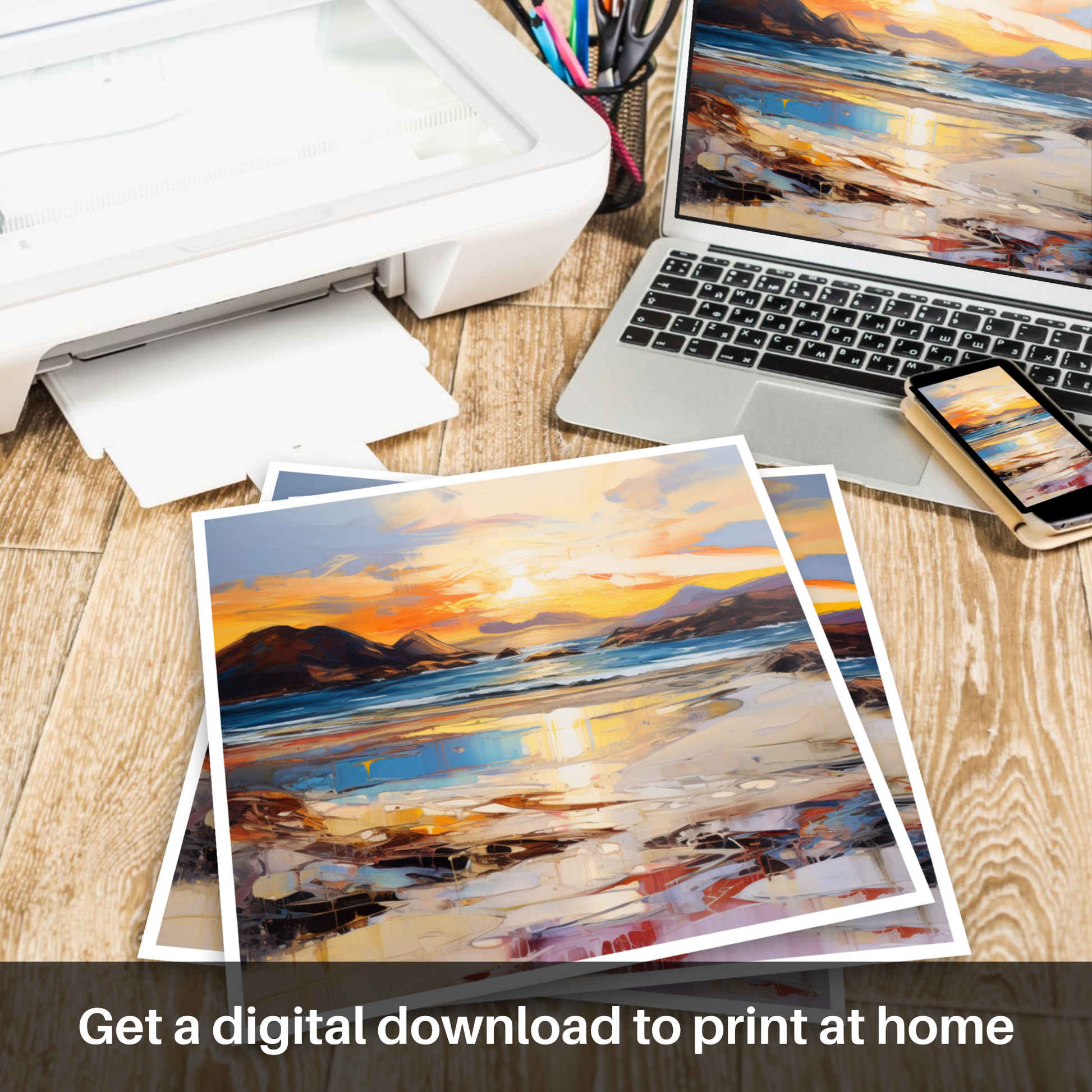 Downloadable and printable picture of Traigh Mhor at sunset