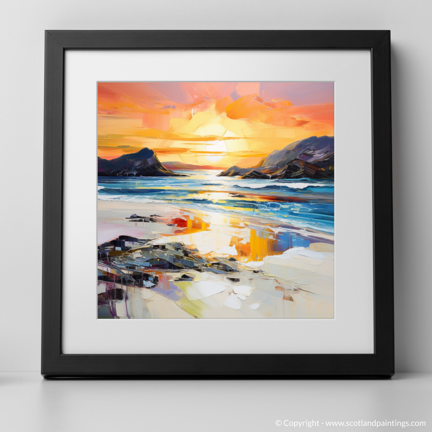 Art Print of Traigh Mhor at sunset with a black frame