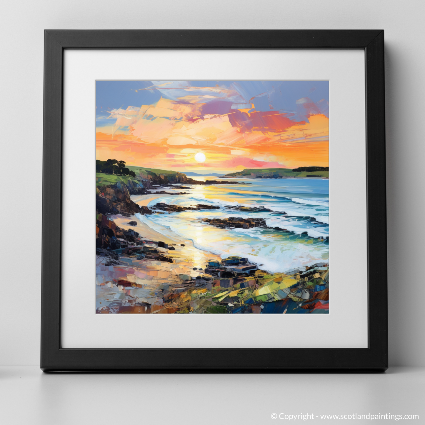 Painting and Art Print of Coldingham Bay at sunset. Coldingham Bay at Sunset: An Expressionist Ode to the Scottish Coast.