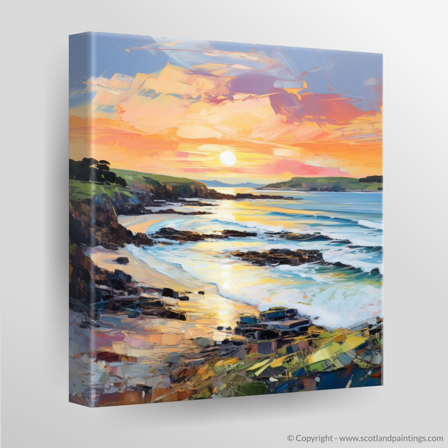 Painting and Art Print of Coldingham Bay at sunset. Coldingham Bay at Sunset: An Expressionist Ode to the Scottish Coast.