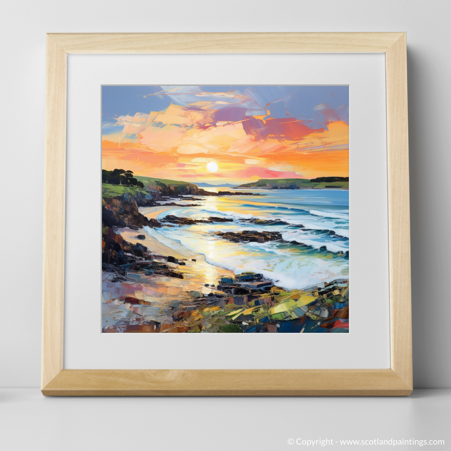 Painting and Art Print of Coldingham Bay at sunset. Coldingham Bay at Sunset: An Expressionist Ode to the Scottish Coast.