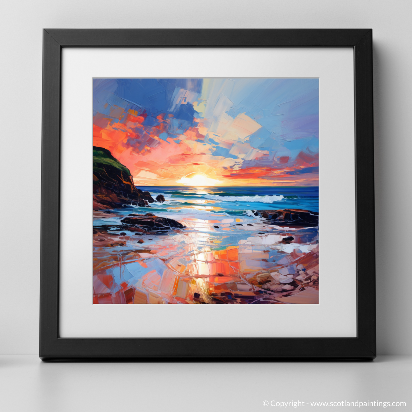 Painting and Art Print of Coldingham Bay at sunset. Coldingham Bay at Sunset: An Expressionist Ode to Nature's Splendour.