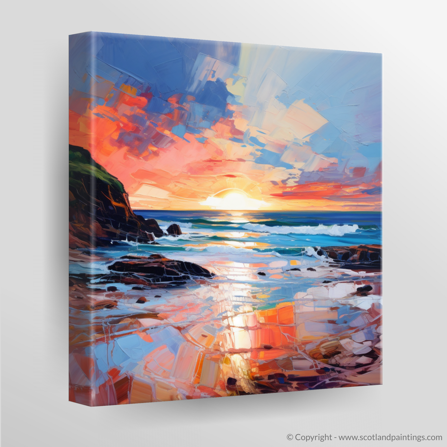 Painting and Art Print of Coldingham Bay at sunset. Coldingham Bay at Sunset: An Expressionist Ode to Nature's Splendour.