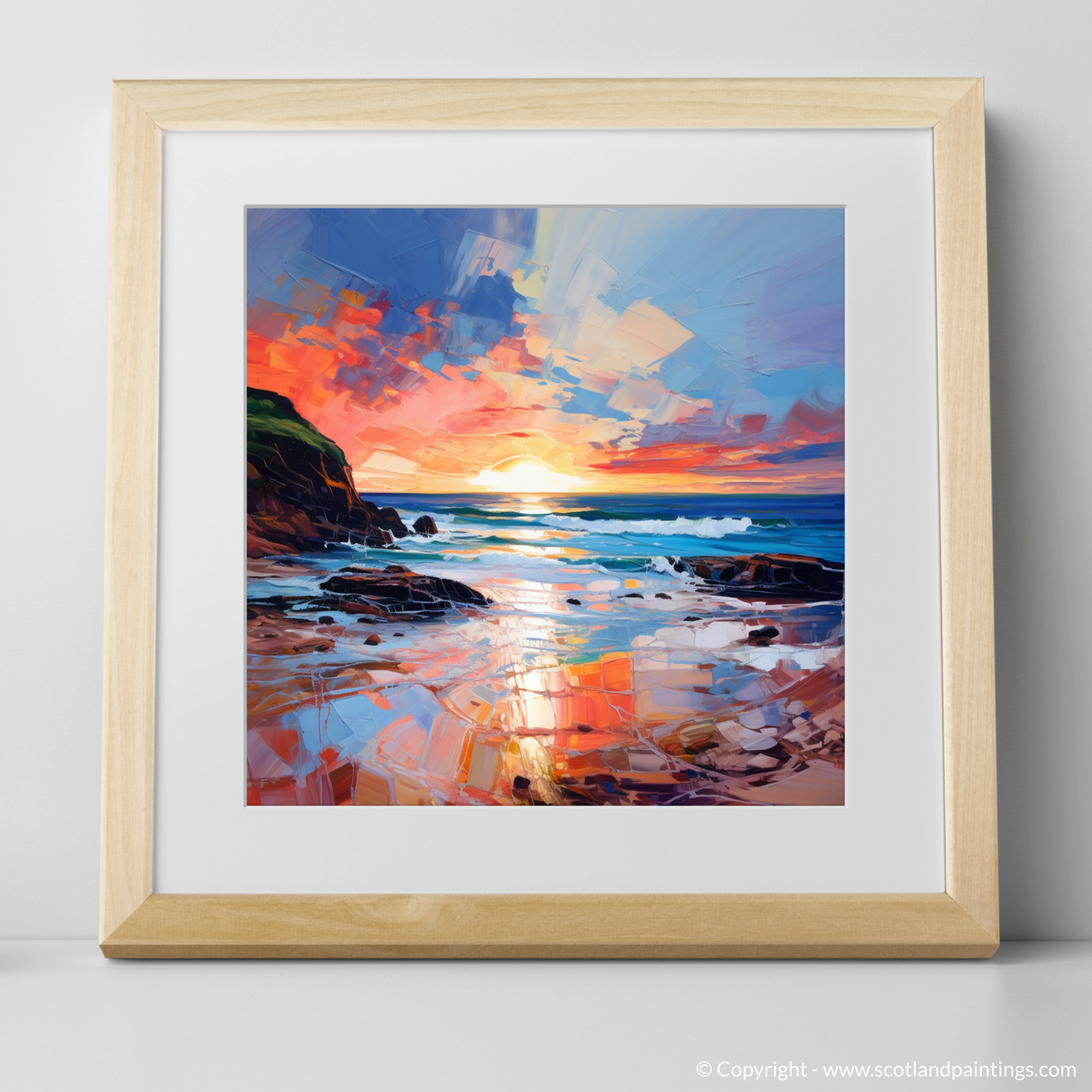 Painting and Art Print of Coldingham Bay at sunset. Coldingham Bay at Sunset: An Expressionist Ode to Nature's Splendour.