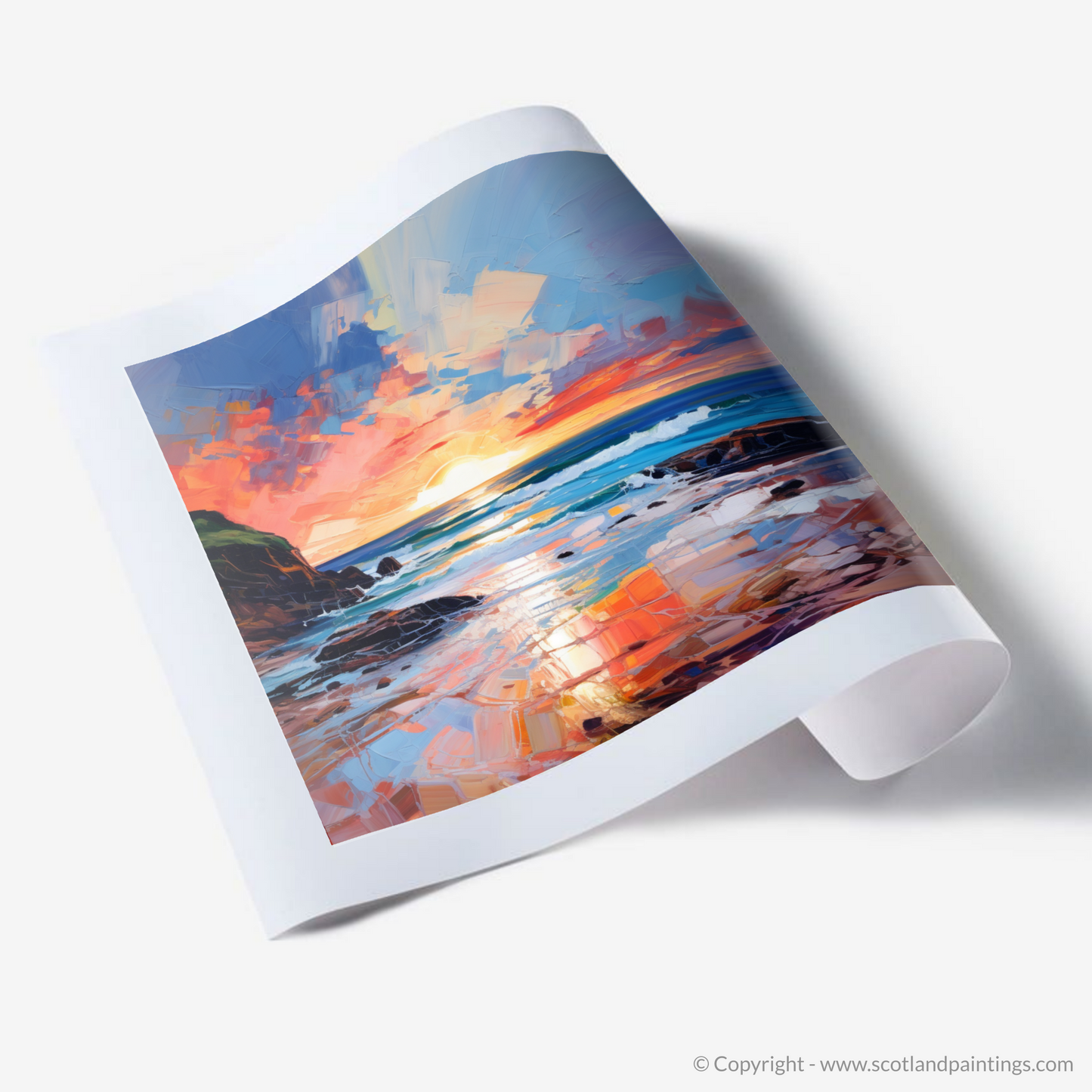 Painting and Art Print of Coldingham Bay at sunset. Coldingham Bay at Sunset: An Expressionist Ode to Nature's Splendour.