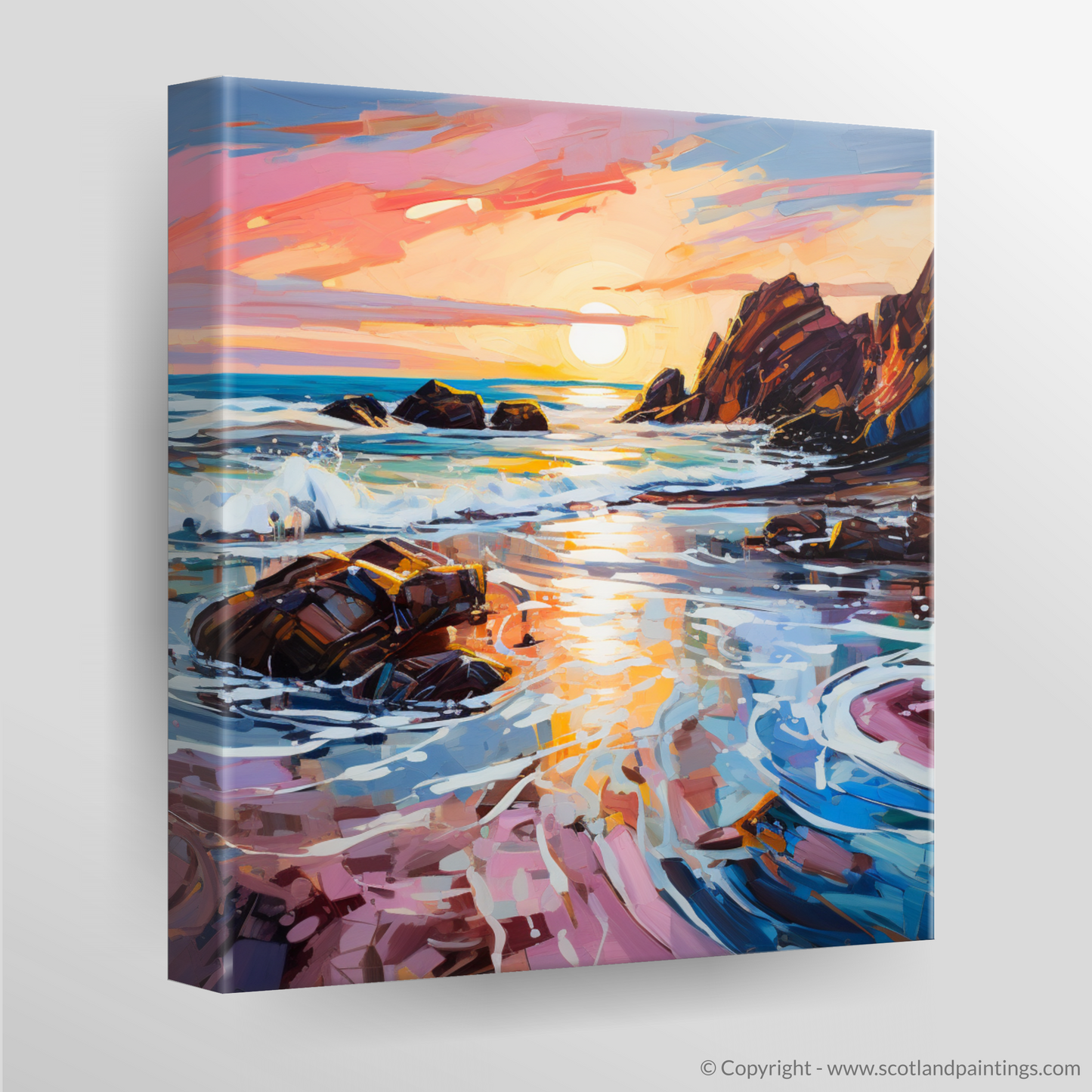 Painting and Art Print of Coldingham Bay at sunset. Coldingham Bay Sunset Expression.