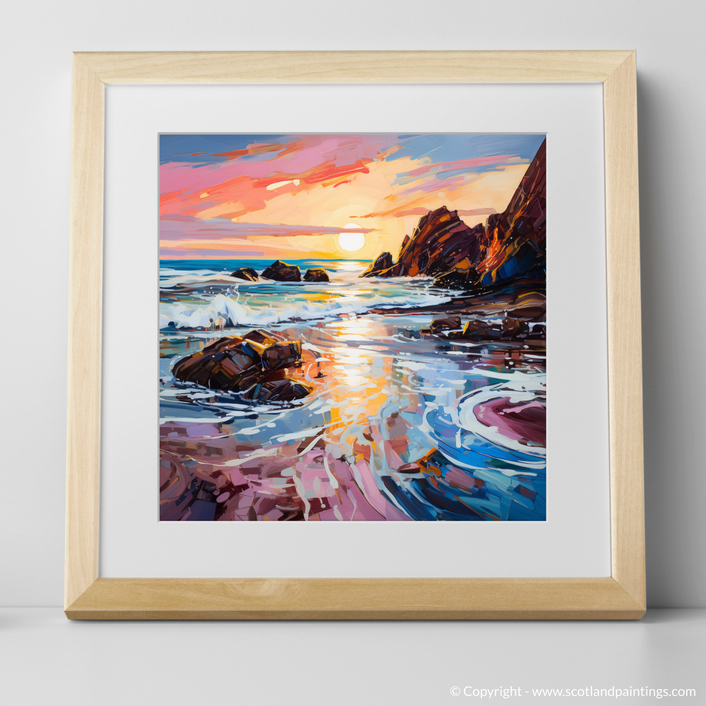 Painting and Art Print of Coldingham Bay at sunset. Coldingham Bay Sunset Expression.