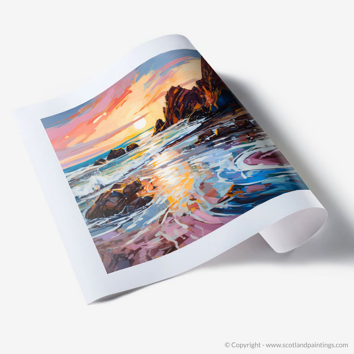 Painting and Art Print of Coldingham Bay at sunset. Coldingham Bay Sunset Expression.