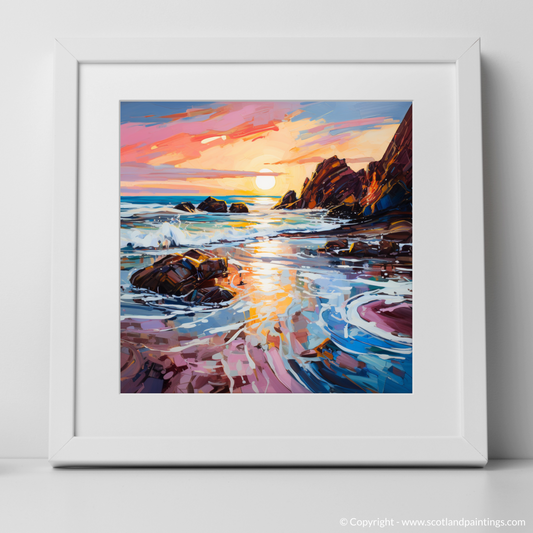 Painting and Art Print of Coldingham Bay at sunset. Coldingham Bay Sunset Expression.