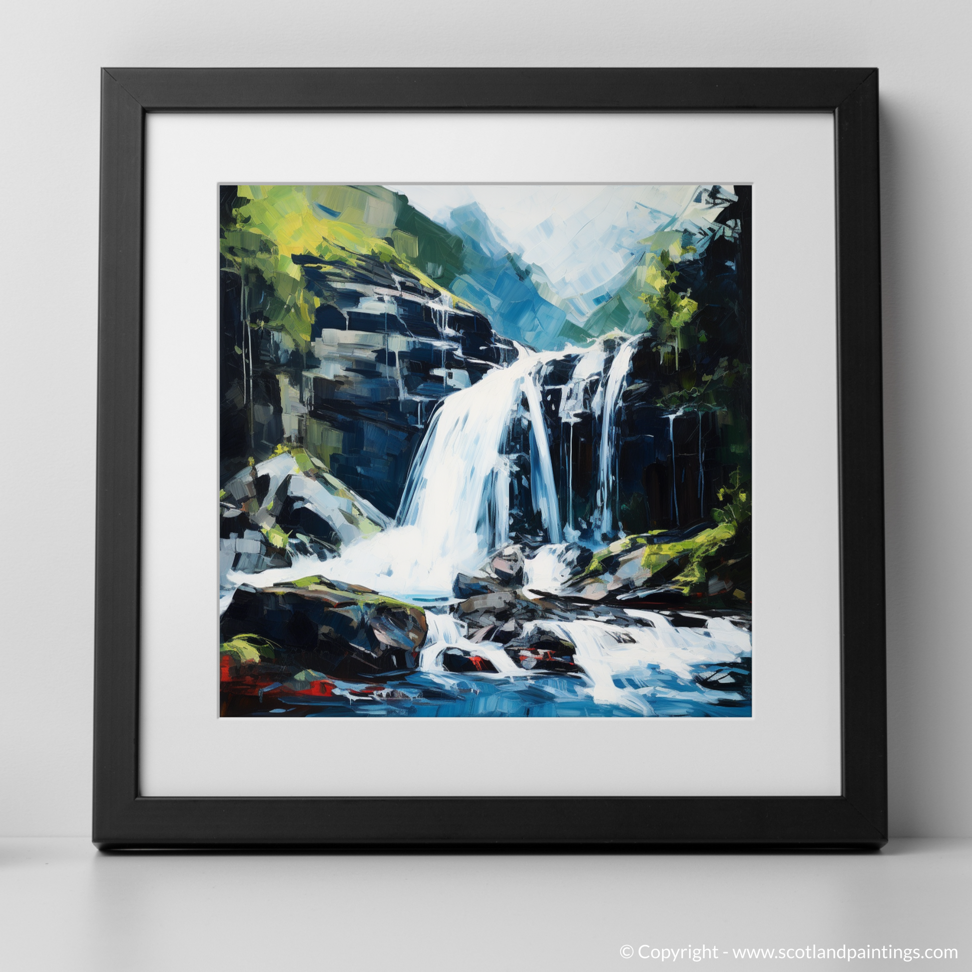 Art Print of Cascading waterfall in Glencoe with a black frame