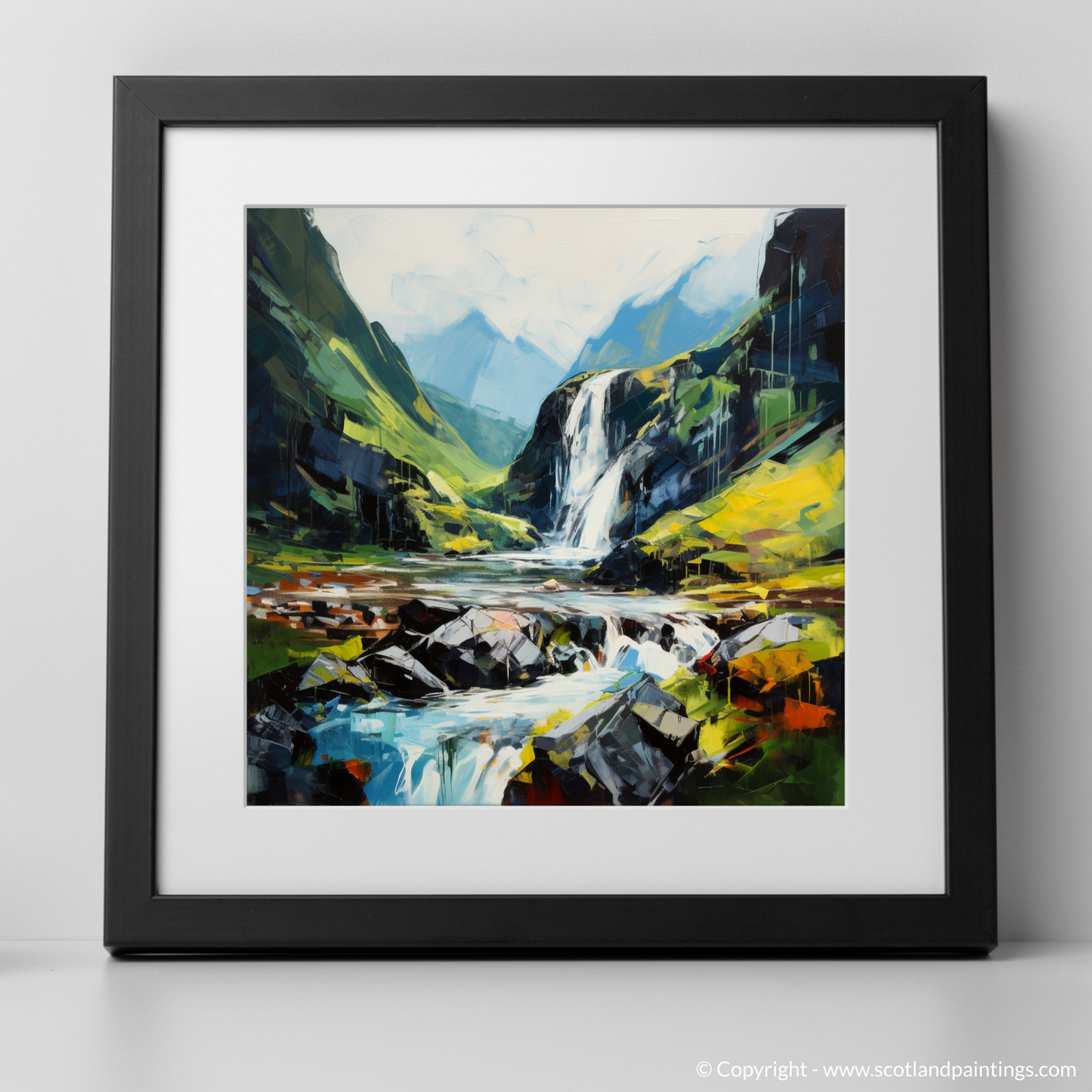 Art Print of Cascading waterfall in Glencoe with a black frame