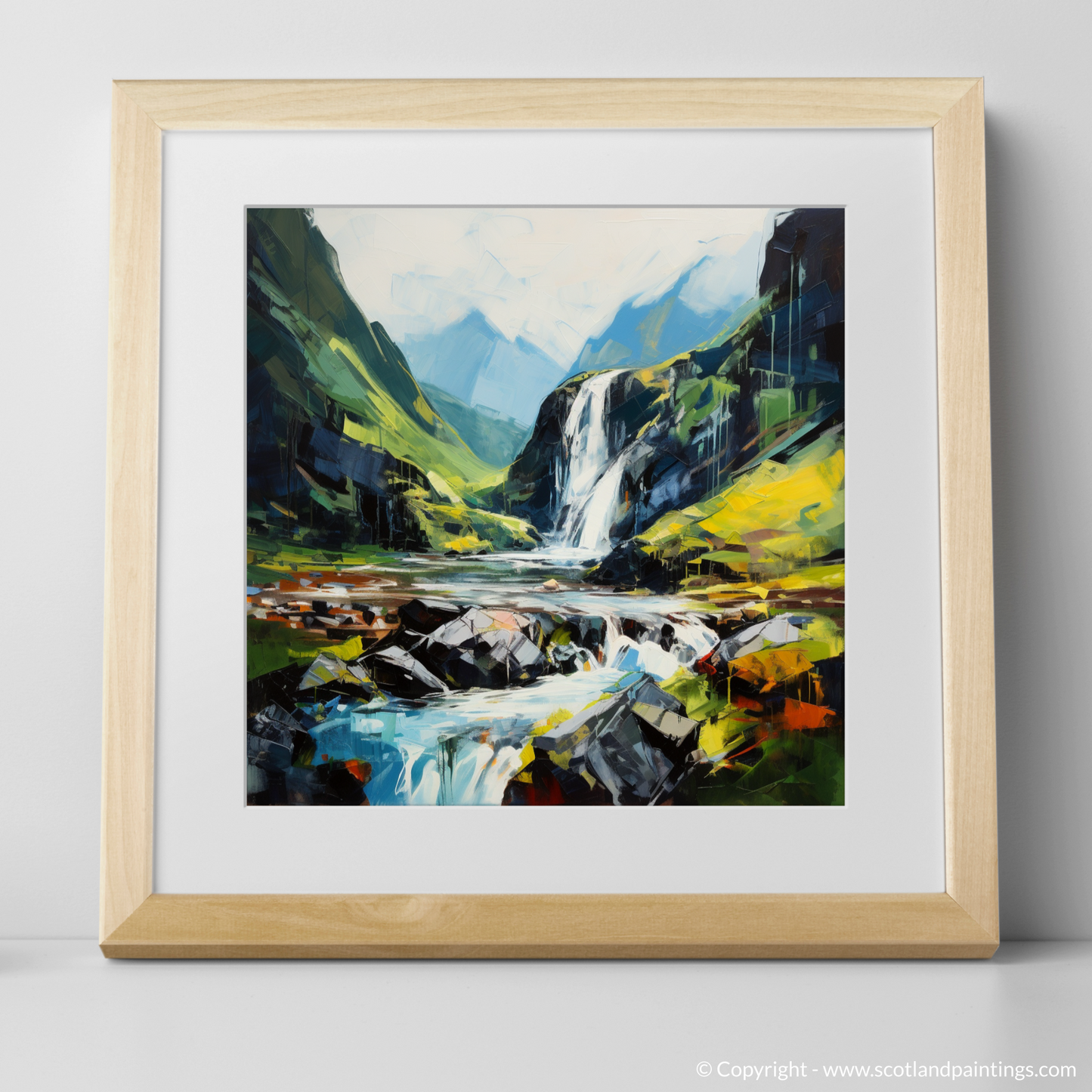 Art Print of Cascading waterfall in Glencoe with a natural frame