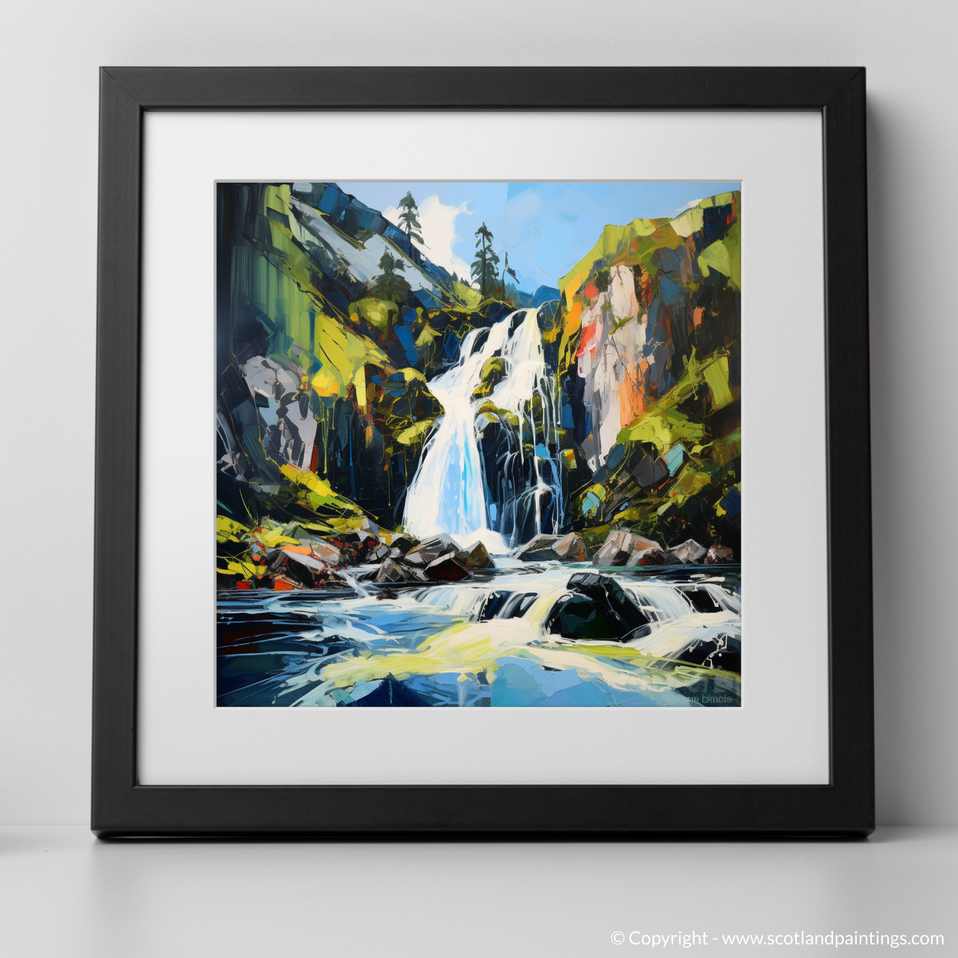 Art Print of Cascading waterfall in Glencoe with a black frame
