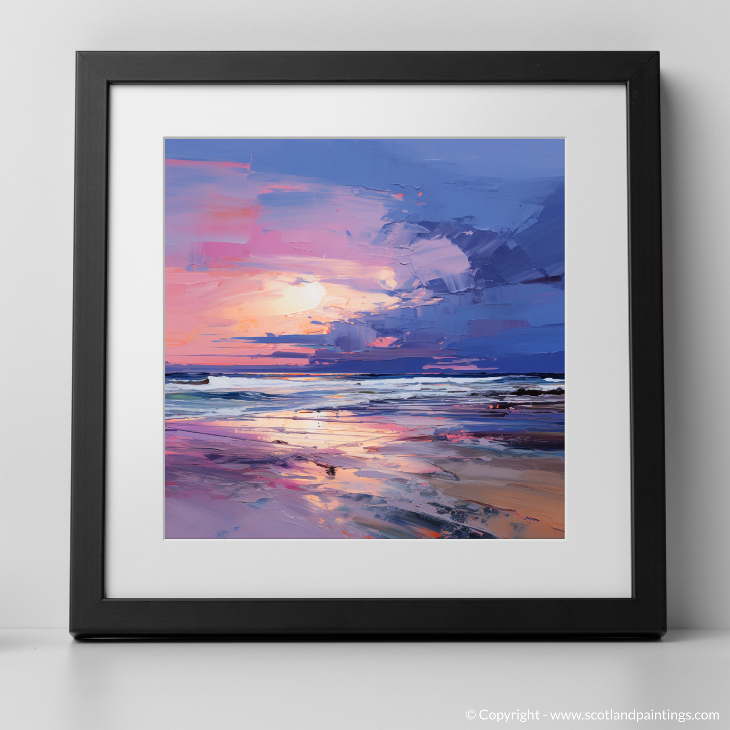 Art Print of Balmedie Beach at dusk with a black frame