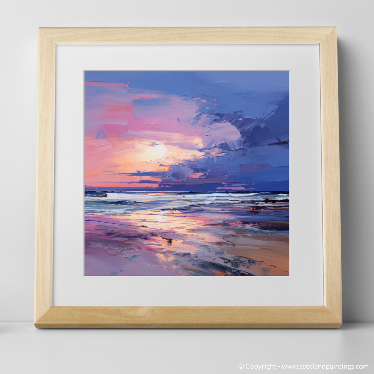 Art Print of Balmedie Beach at dusk with a natural frame