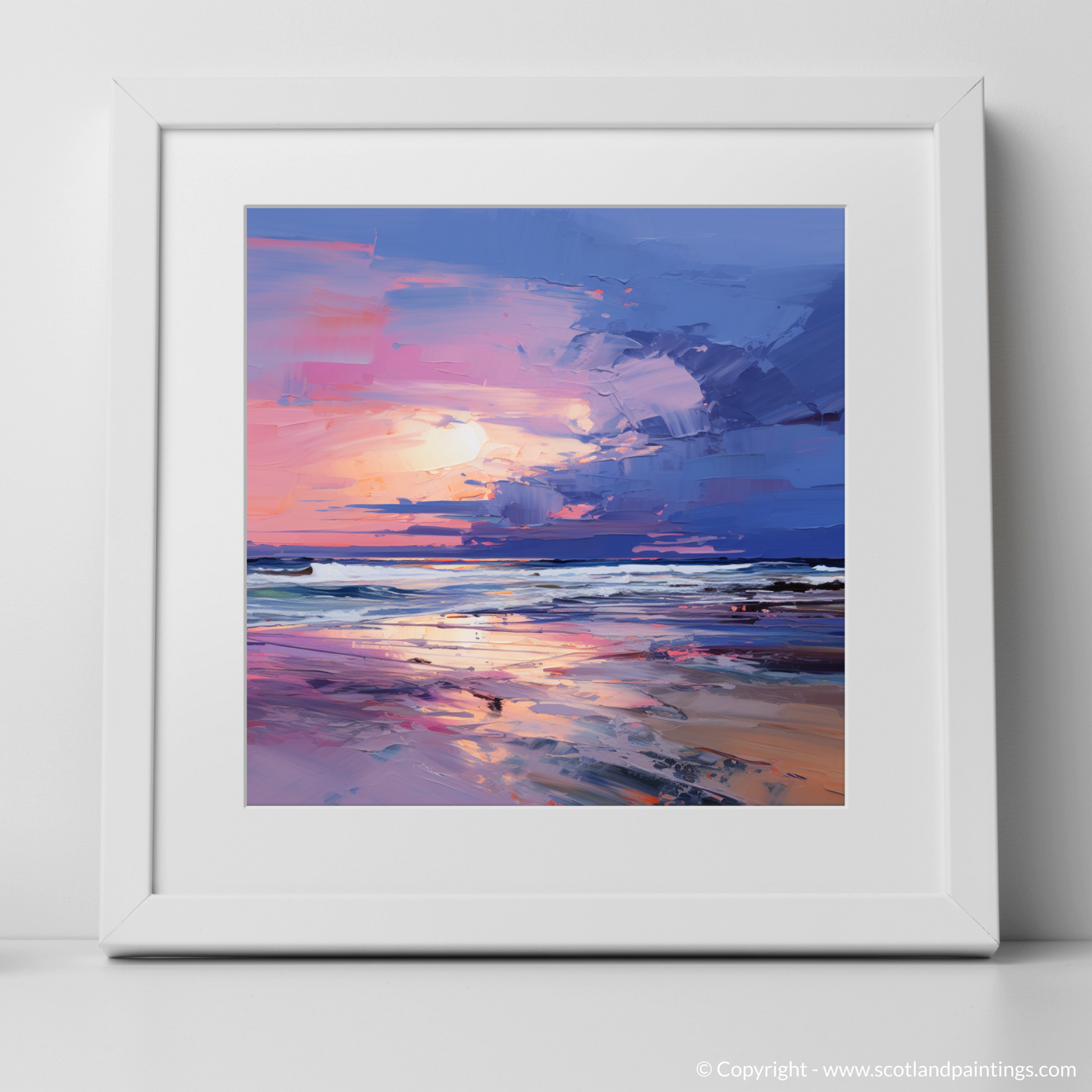 Art Print of Balmedie Beach at dusk with a white frame