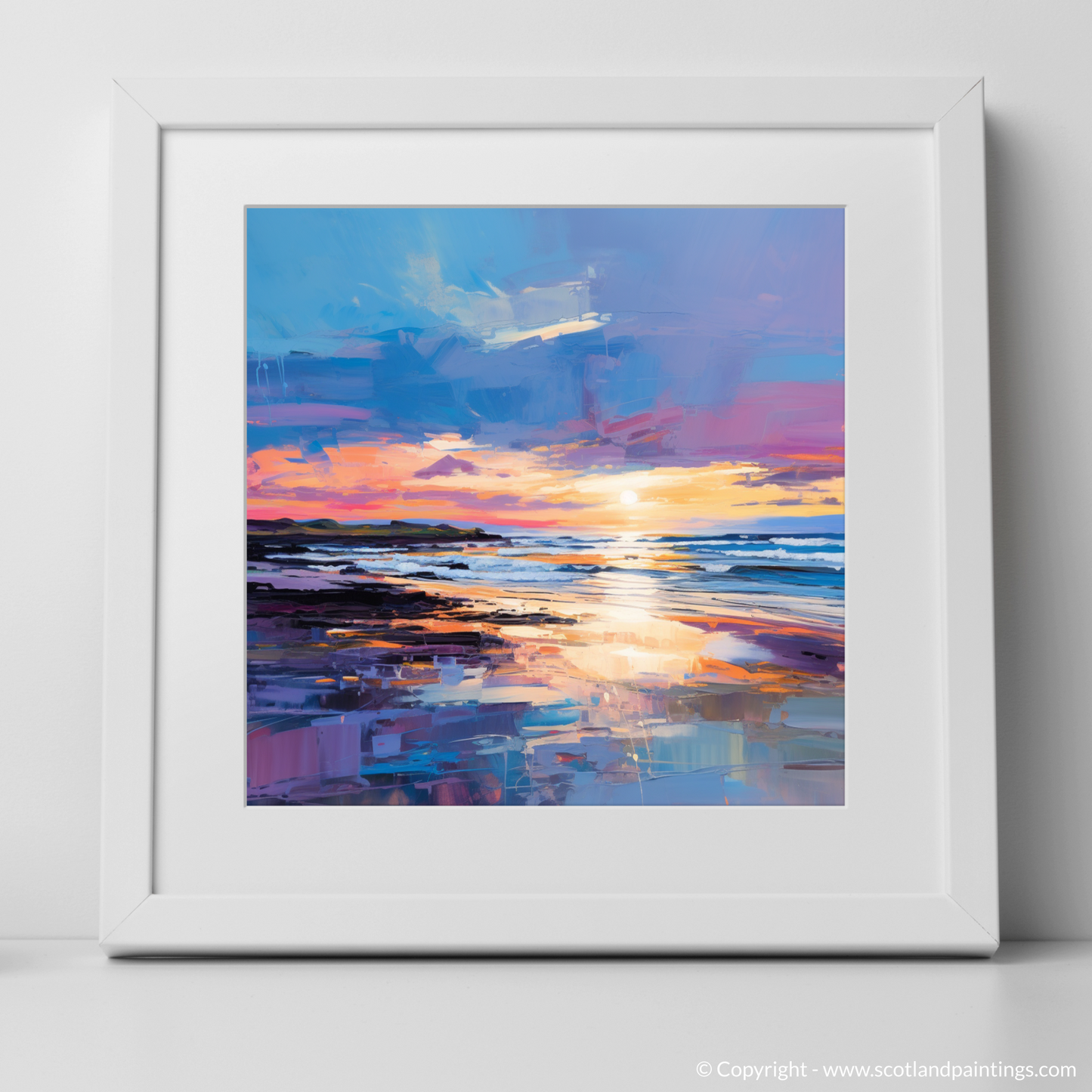 Art Print of Balmedie Beach at dusk with a white frame