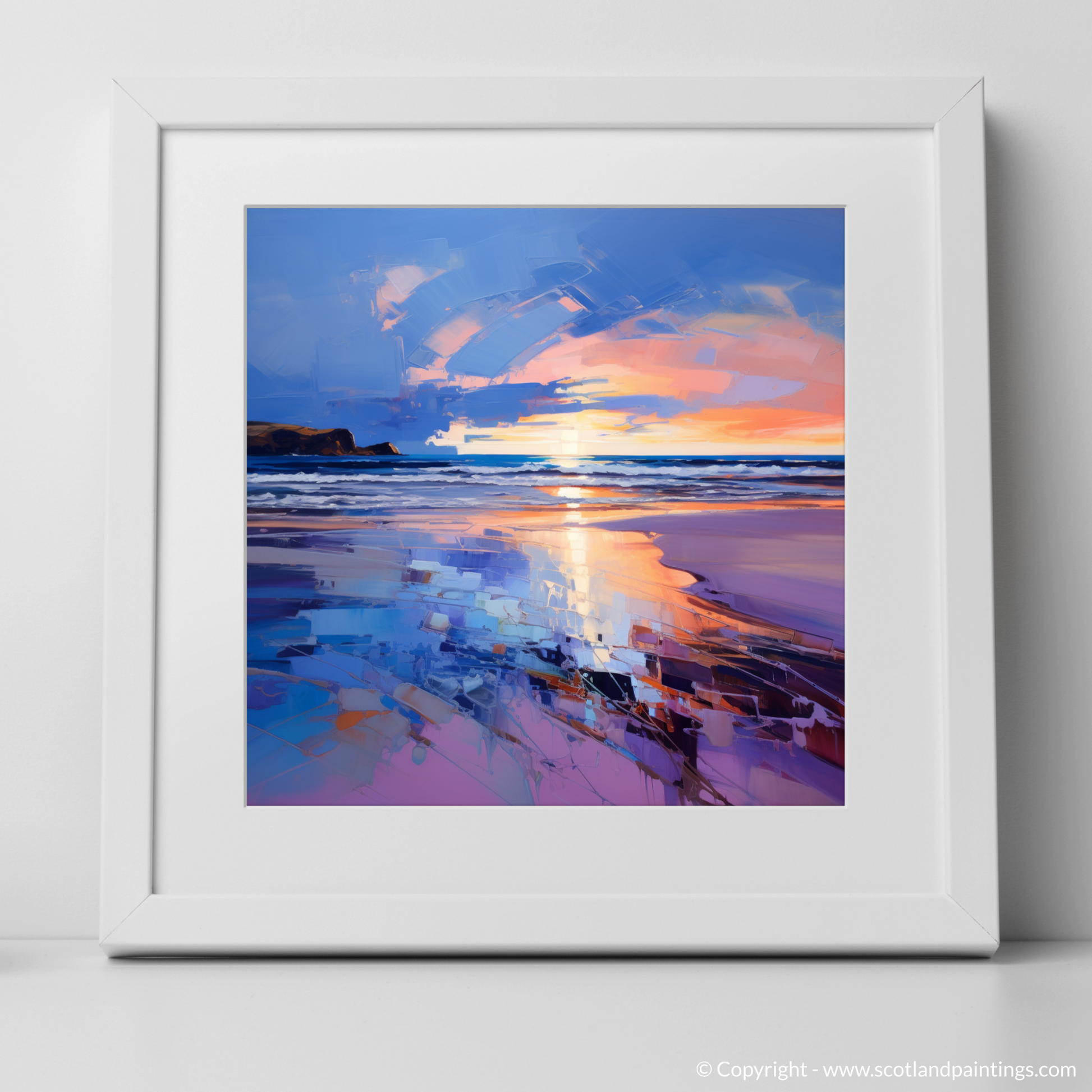 Art Print of Balmedie Beach at dusk with a white frame