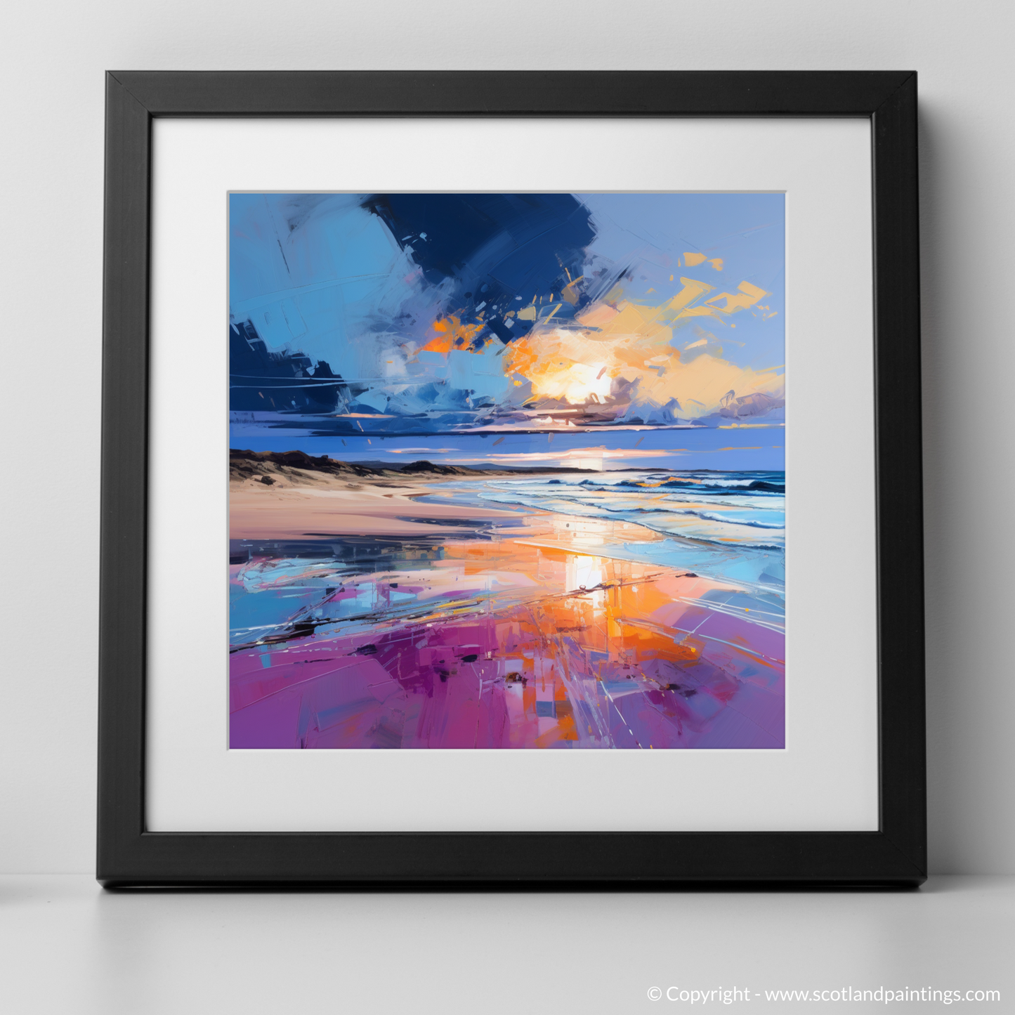 Art Print of Balmedie Beach at dusk with a black frame