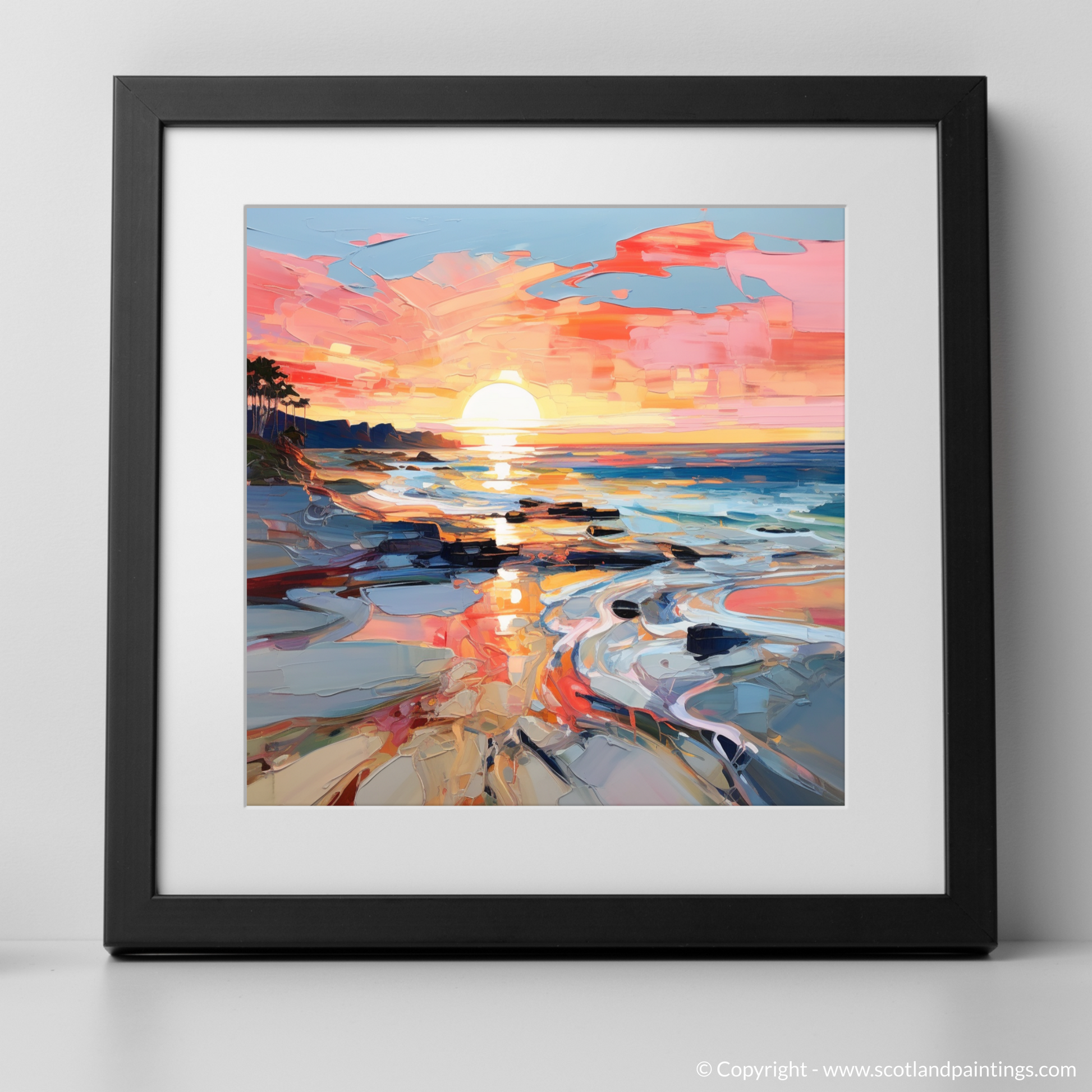 Art Print of Coral Beach at sunset with a black frame