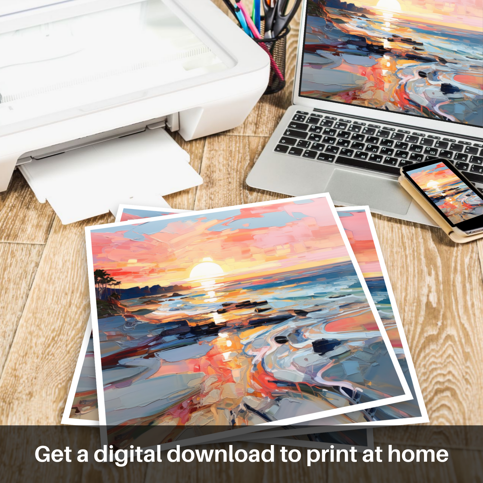 Downloadable and printable picture of Coral Beach at sunset