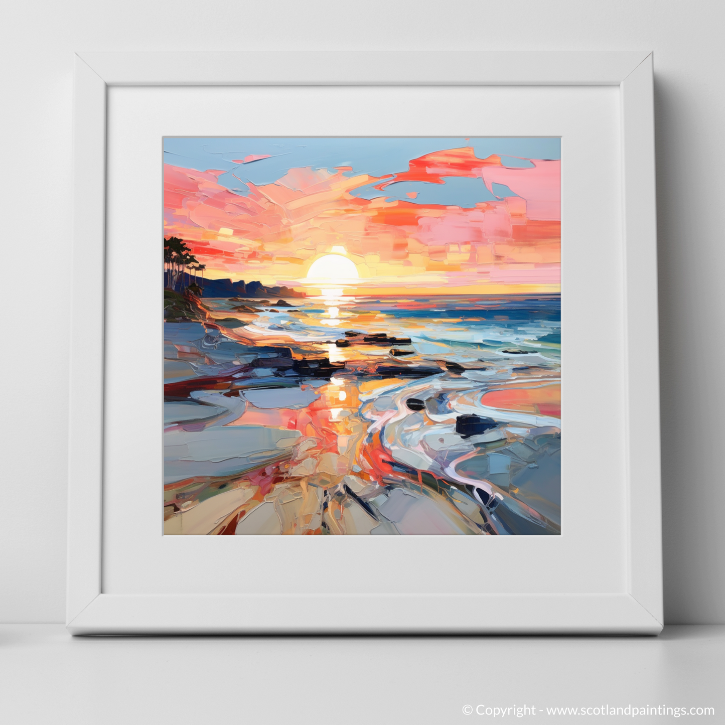 Art Print of Coral Beach at sunset with a white frame
