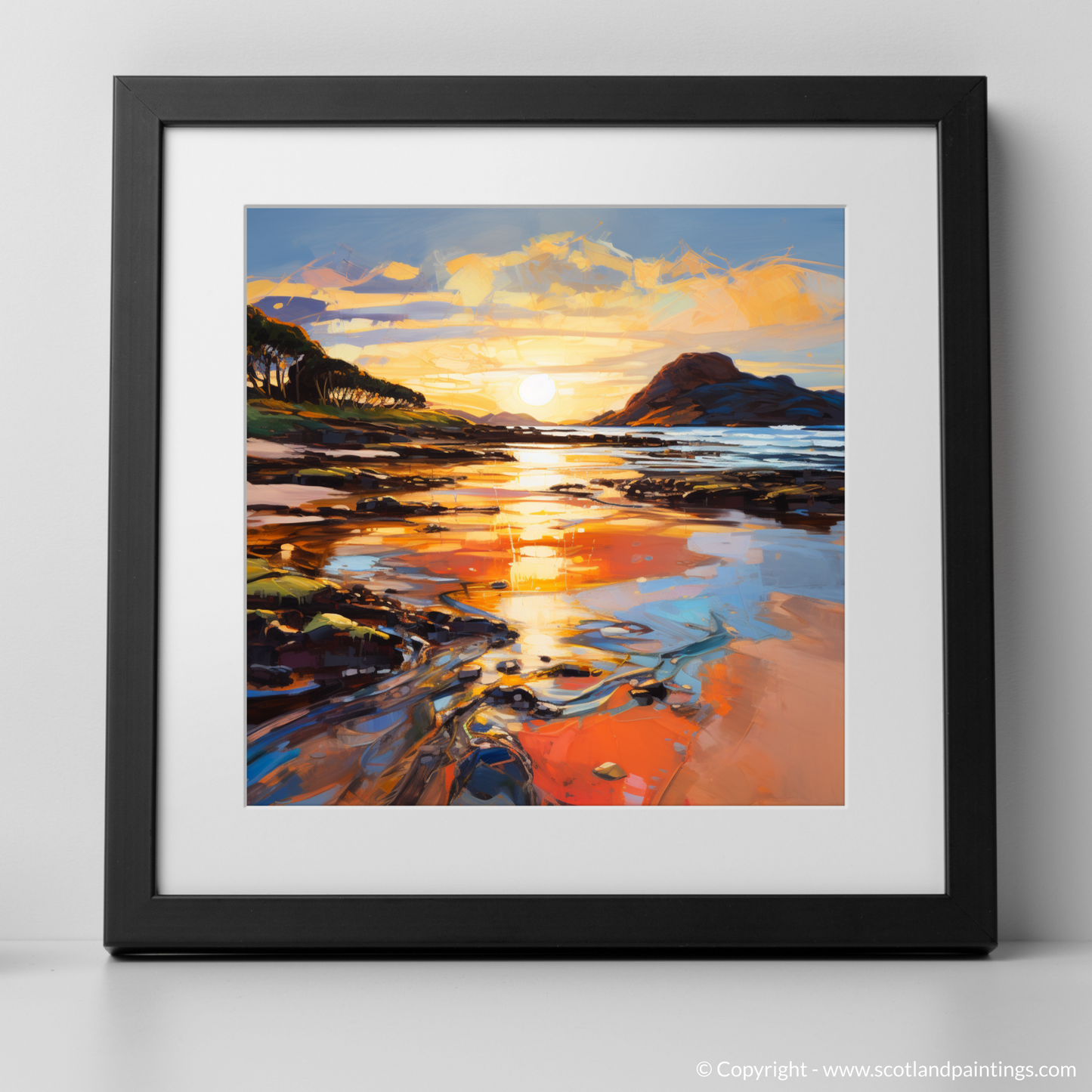 Art Print of Kiloran Bay at golden hour with a black frame