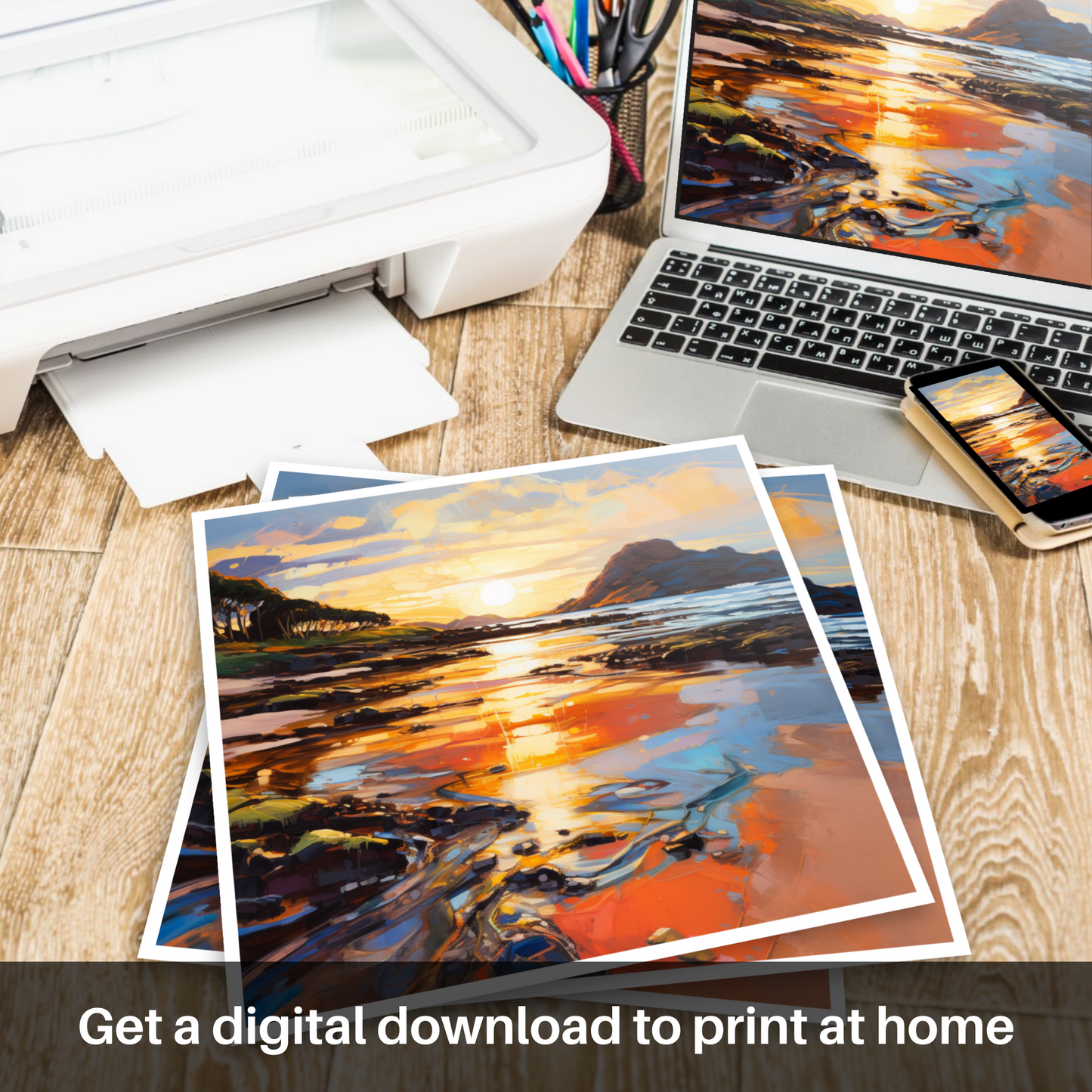 Downloadable and printable picture of Kiloran Bay at golden hour