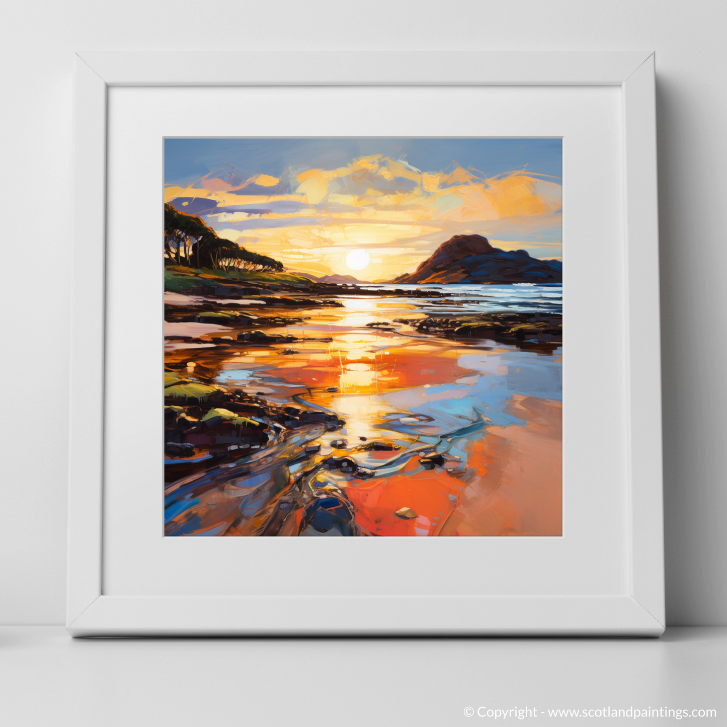 Art Print of Kiloran Bay at golden hour with a white frame