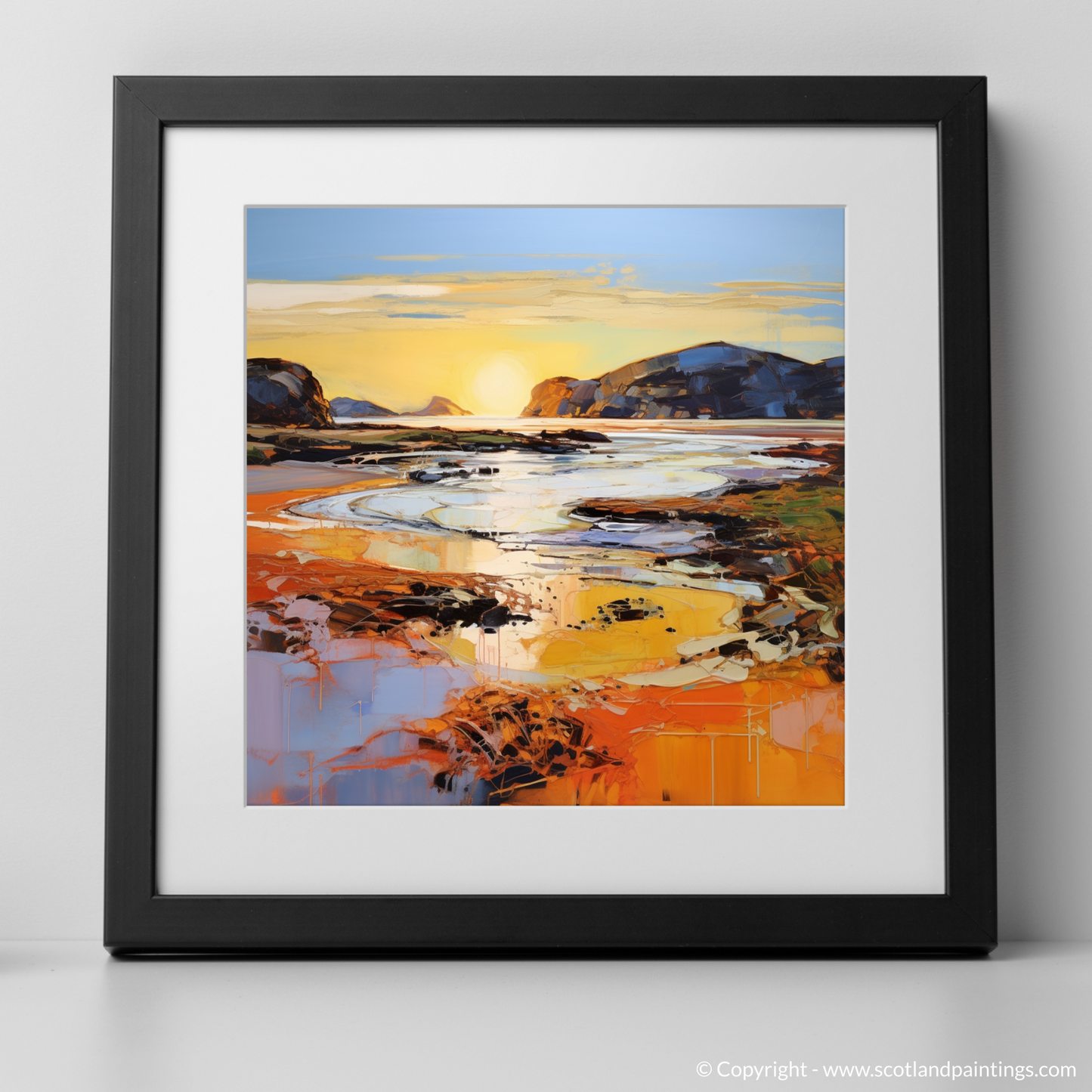Art Print of Kiloran Bay at golden hour with a black frame