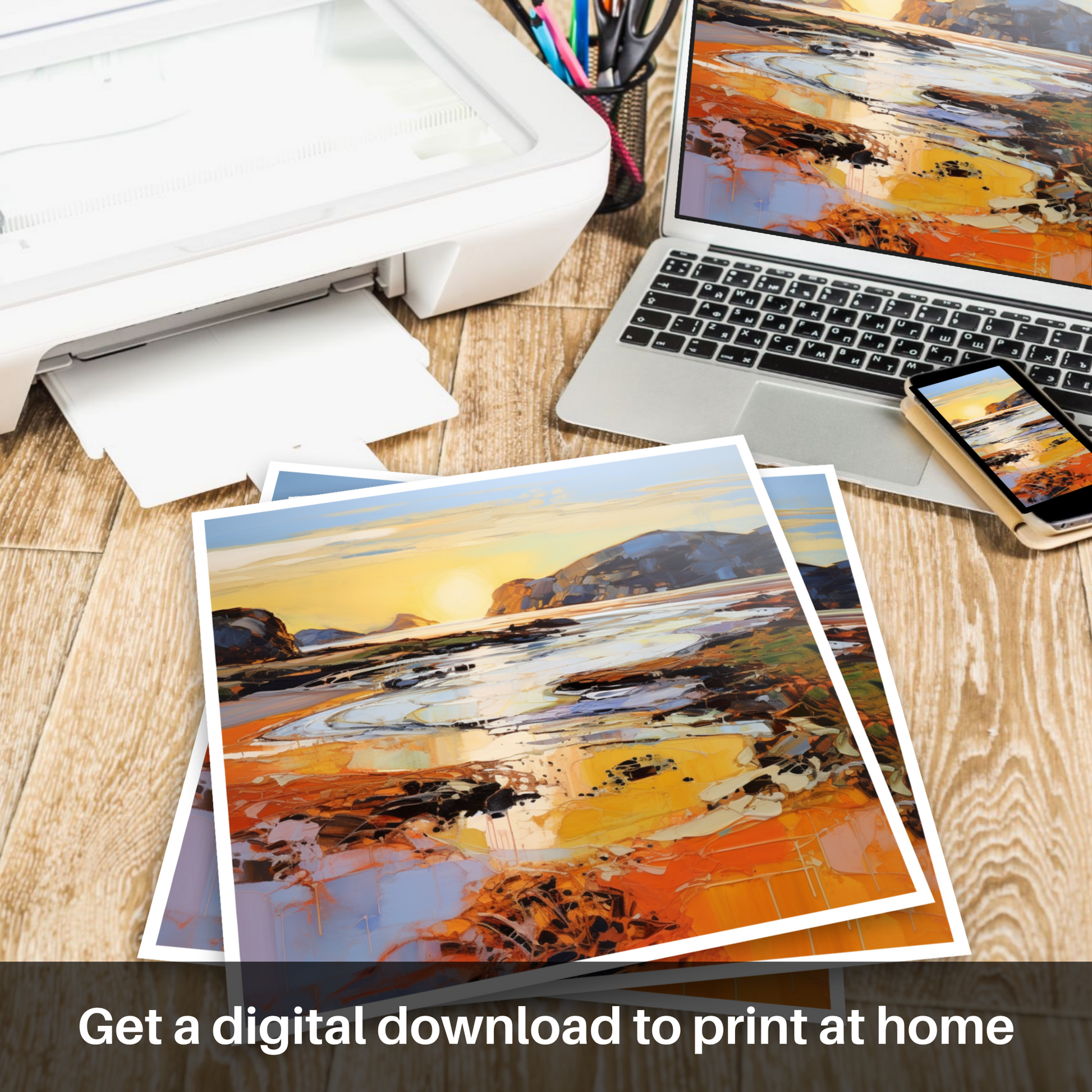 Downloadable and printable picture of Kiloran Bay at golden hour
