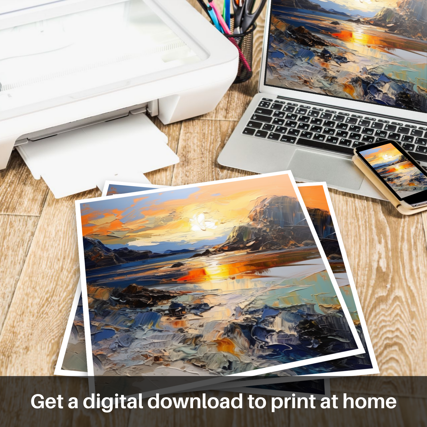 Downloadable and printable picture of Kiloran Bay at golden hour