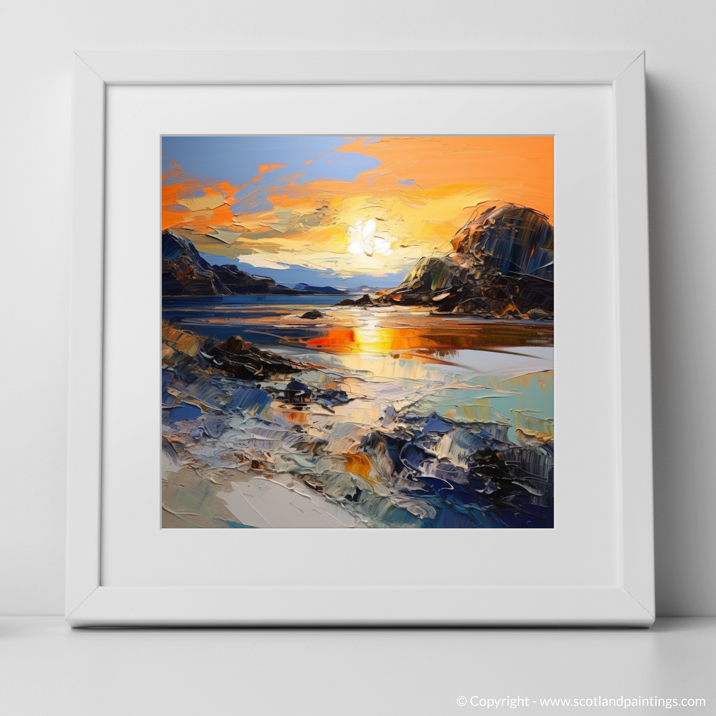 Art Print of Kiloran Bay at golden hour with a white frame