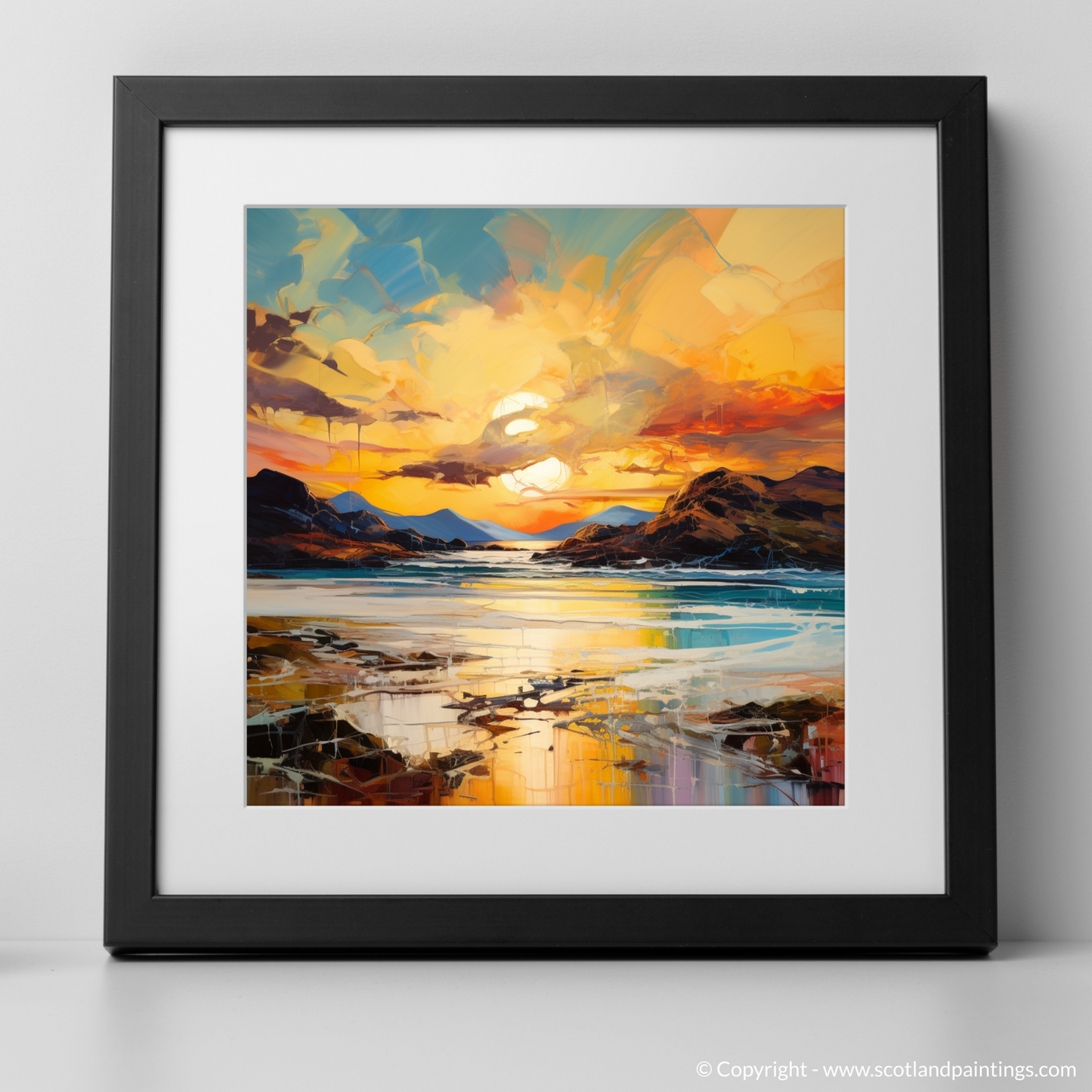 Art Print of Kiloran Bay at golden hour with a black frame