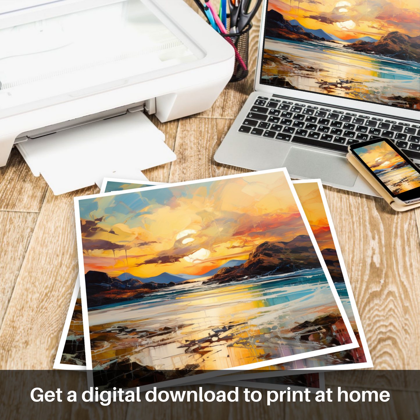 Downloadable and printable picture of Kiloran Bay at golden hour