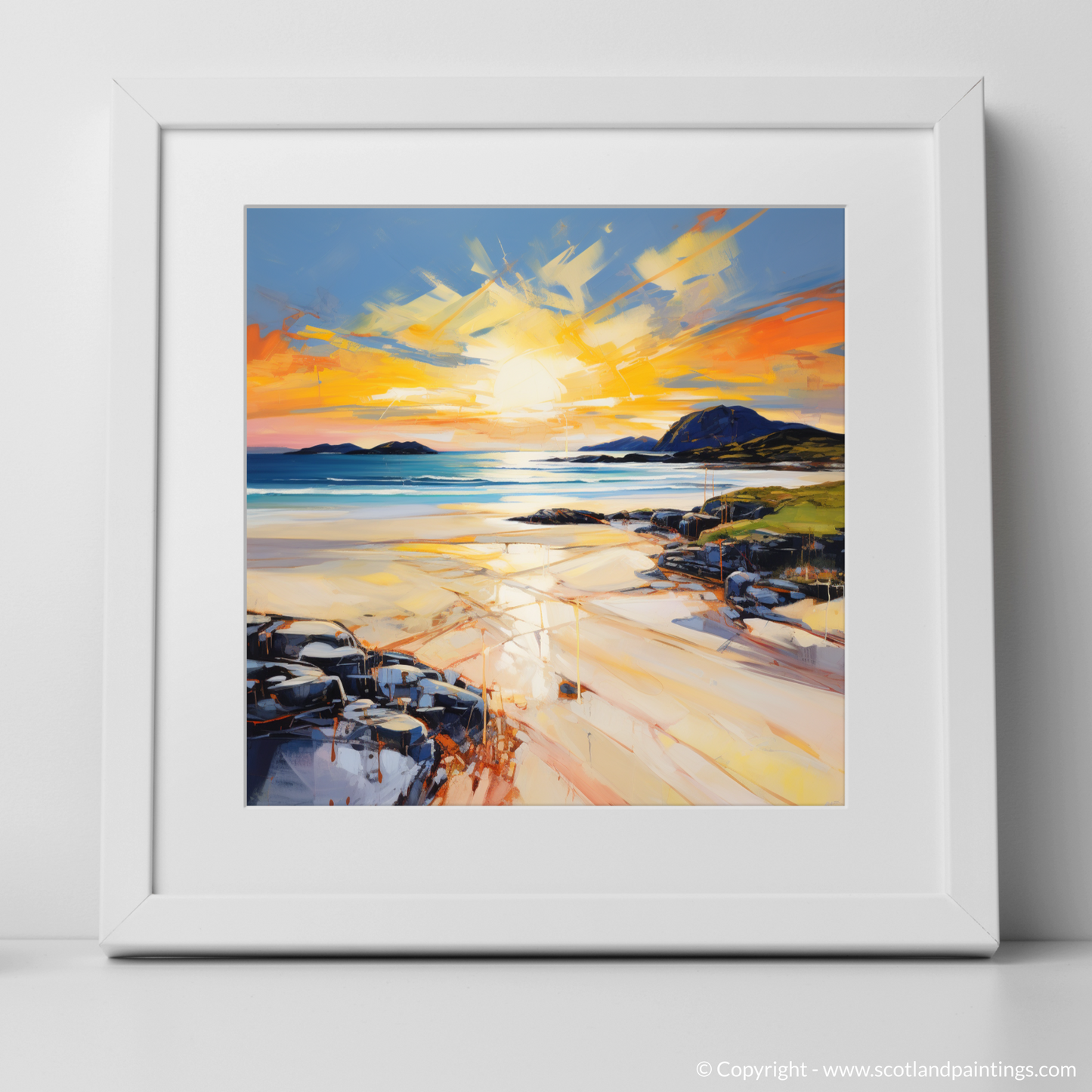 Art Print of Traigh Mhor at golden hour with a white frame