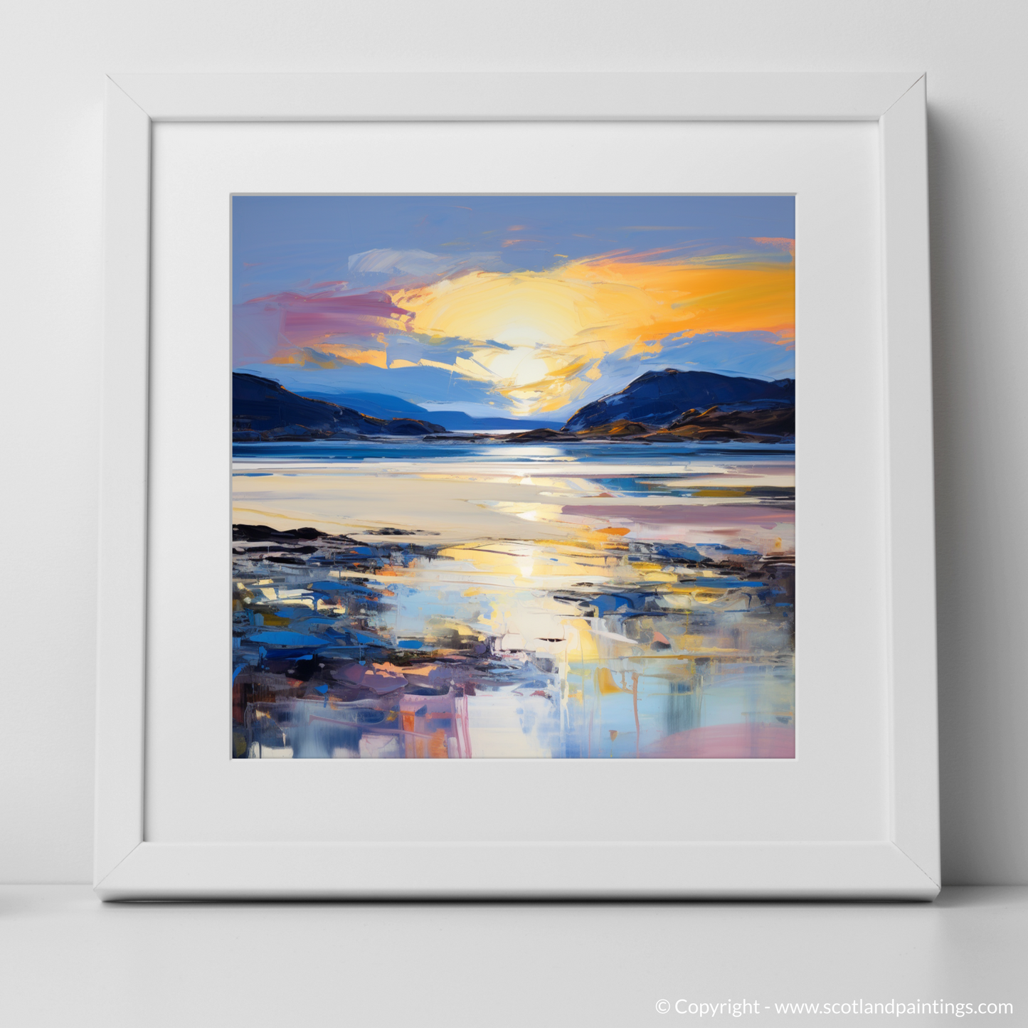 Art Print of Traigh Mhor at dusk with a white frame