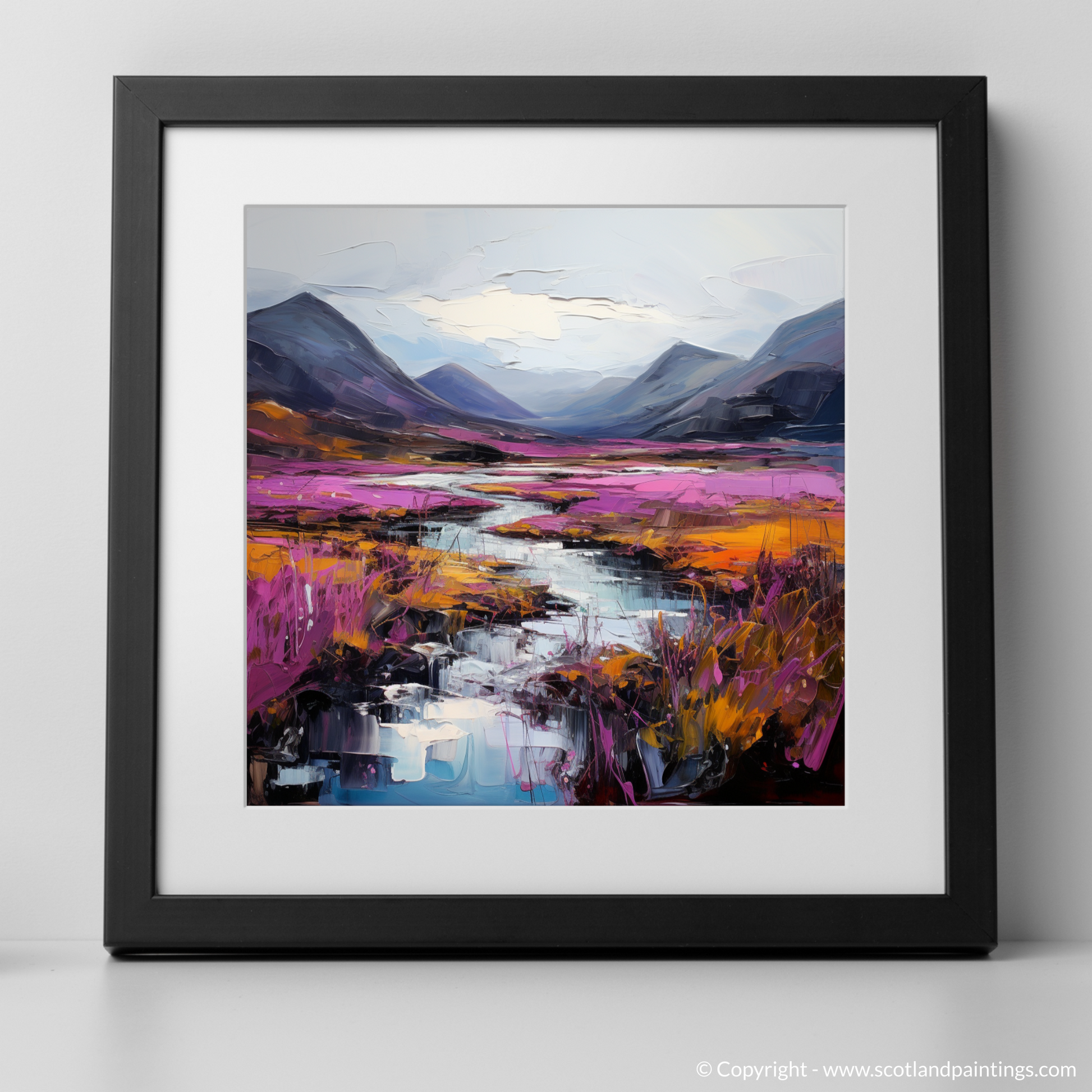 Art Print of Purple heather in Glencoe with a black frame