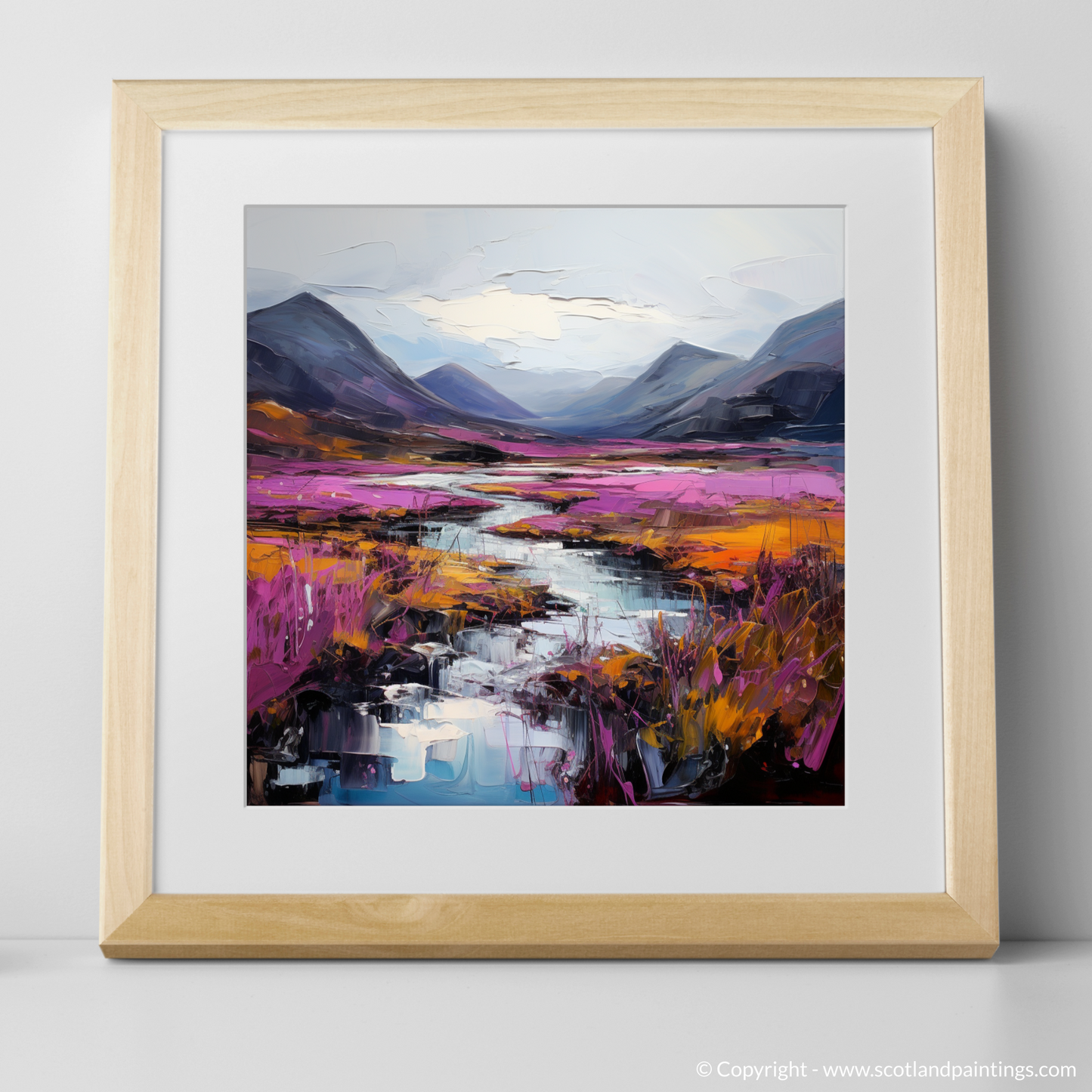 Art Print of Purple heather in Glencoe with a natural frame