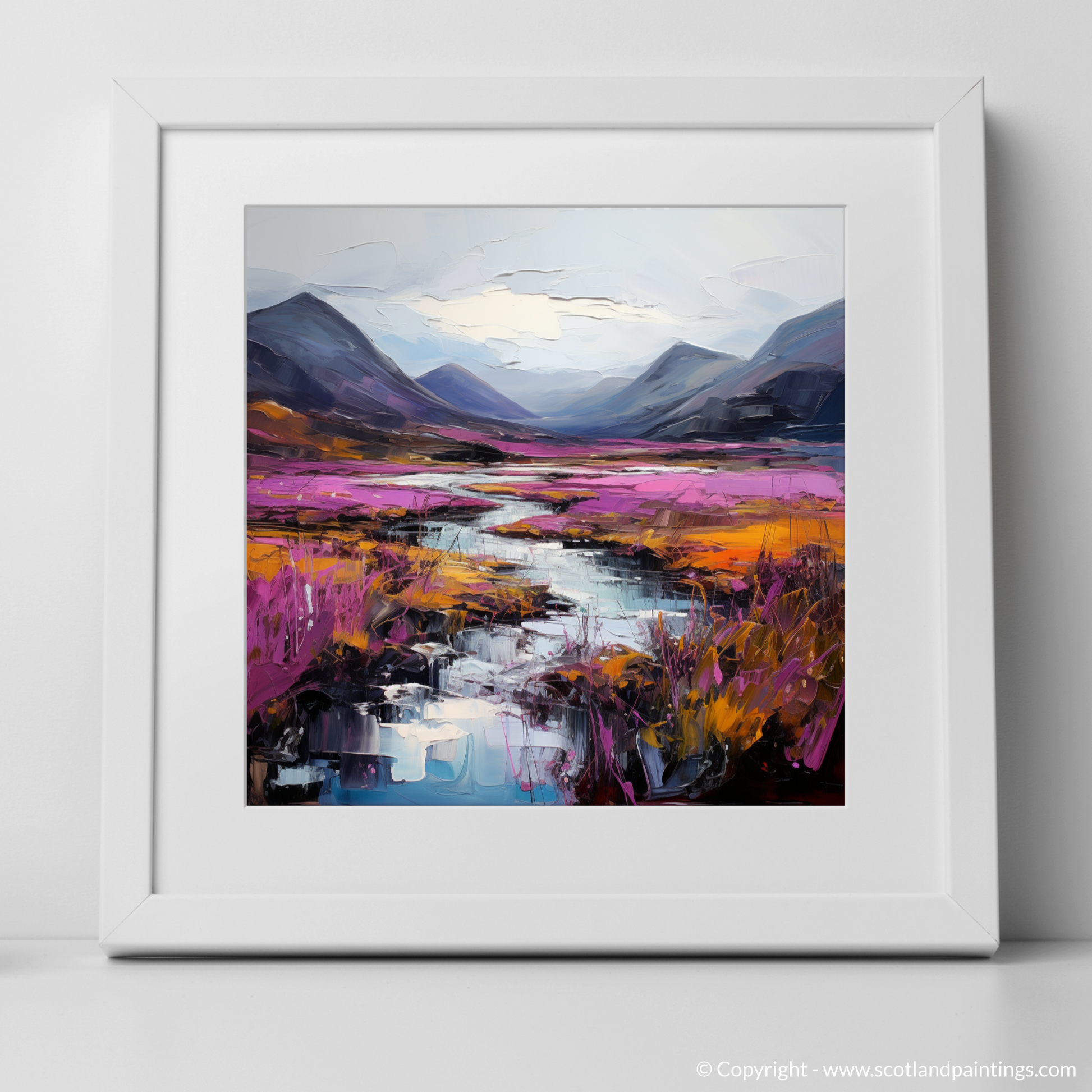 Art Print of Purple heather in Glencoe with a white frame