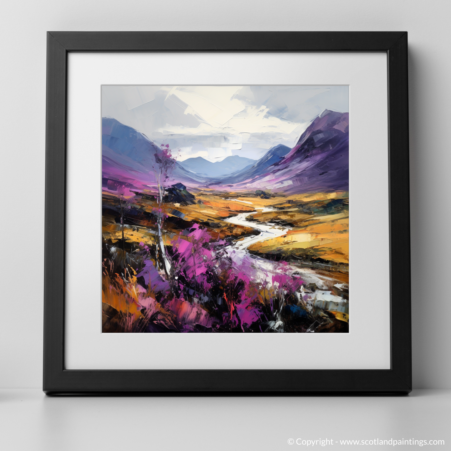 Art Print of Purple heather in Glencoe with a black frame