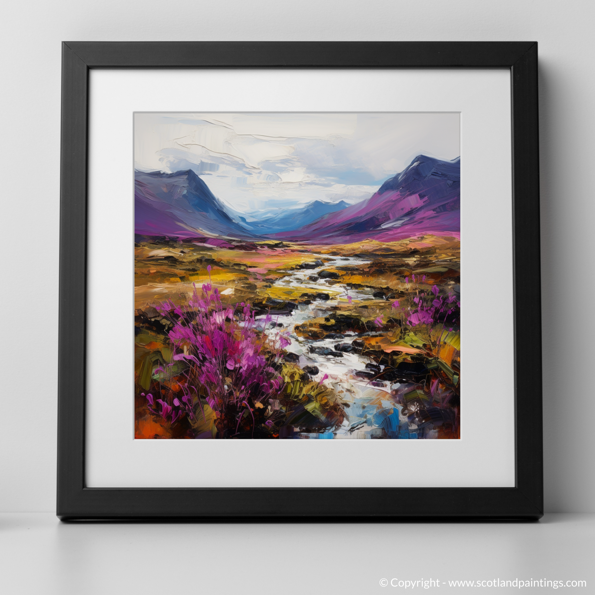 Art Print of Purple heather in Glencoe with a black frame