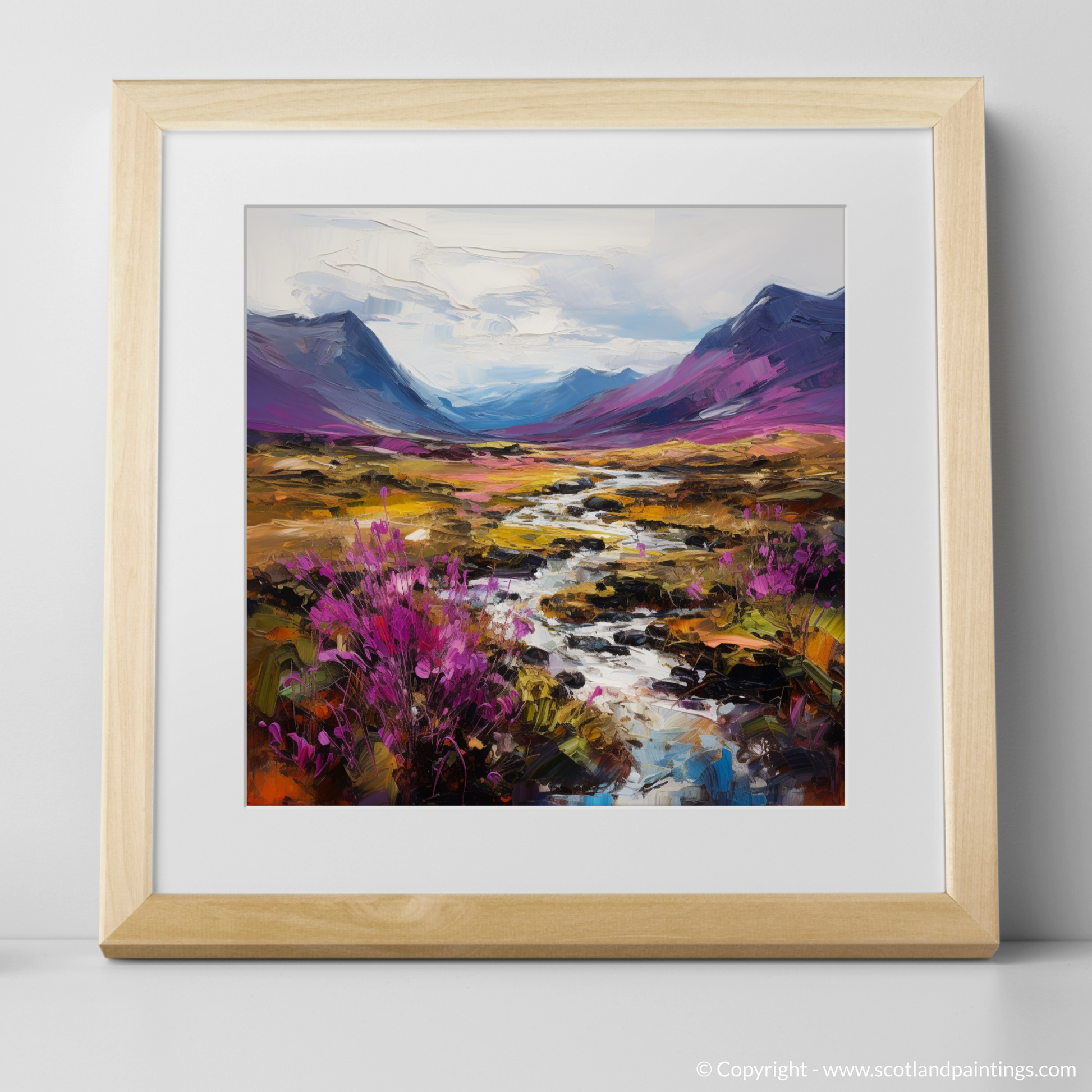 Art Print of Purple heather in Glencoe with a natural frame