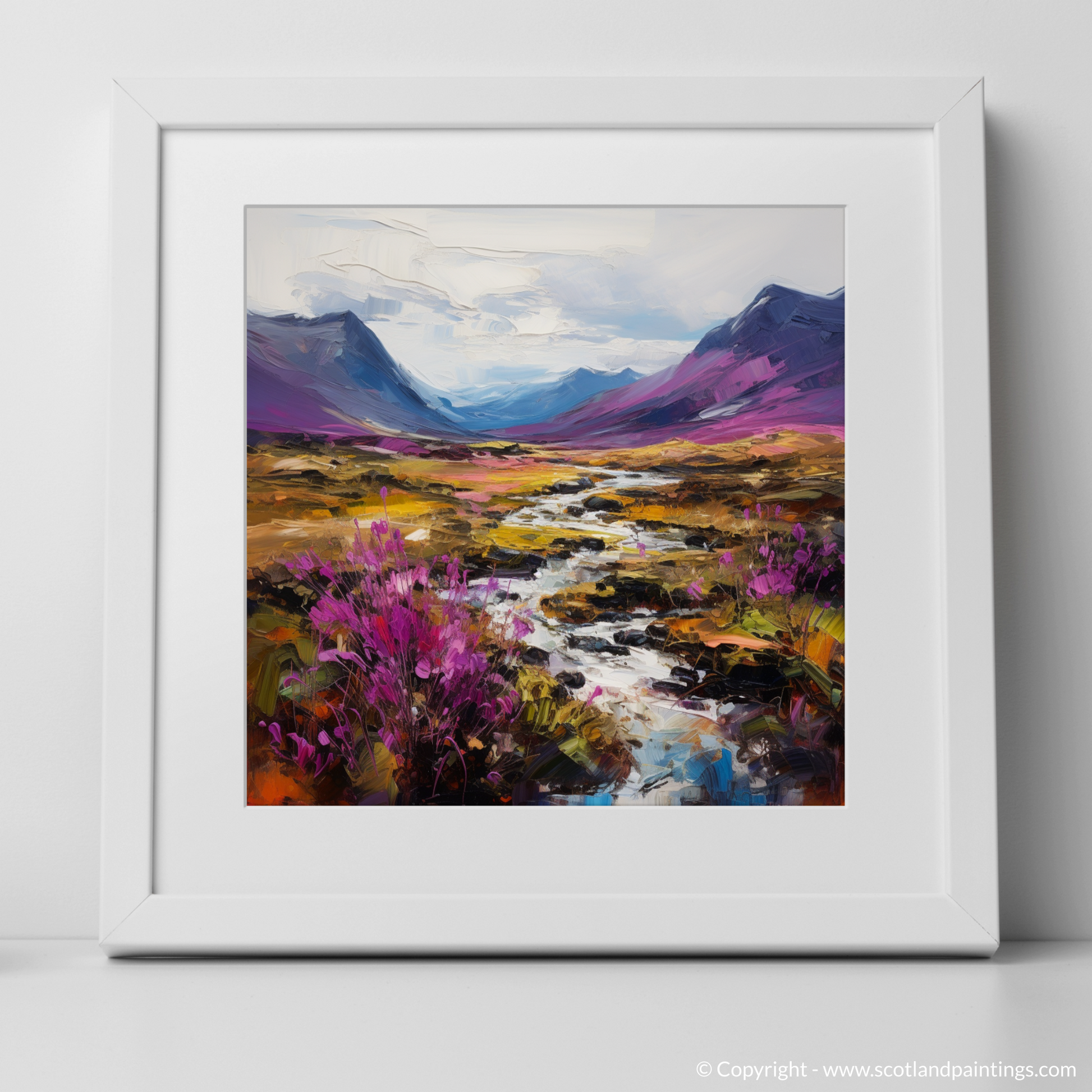 Art Print of Purple heather in Glencoe with a white frame