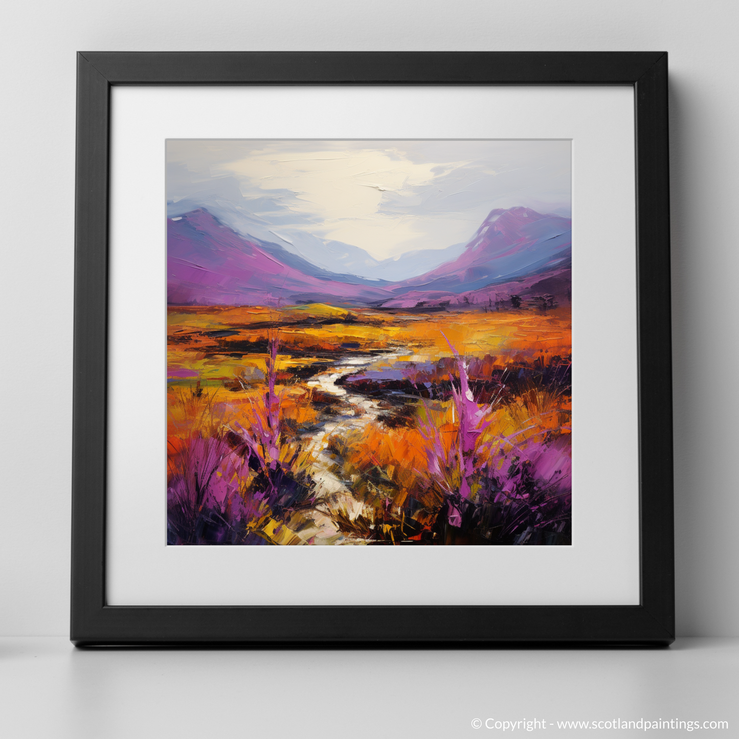 Art Print of Purple heather in Glencoe with a black frame