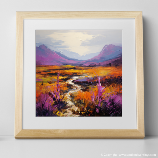 Art Print of Purple heather in Glencoe with a natural frame