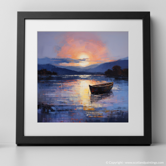 Art Print of Lone rowboat on Loch Lomond at dusk with a black frame