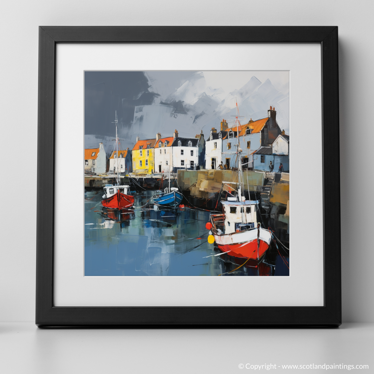 Art Print of St Monans Harbour with a stormy sky with a black frame