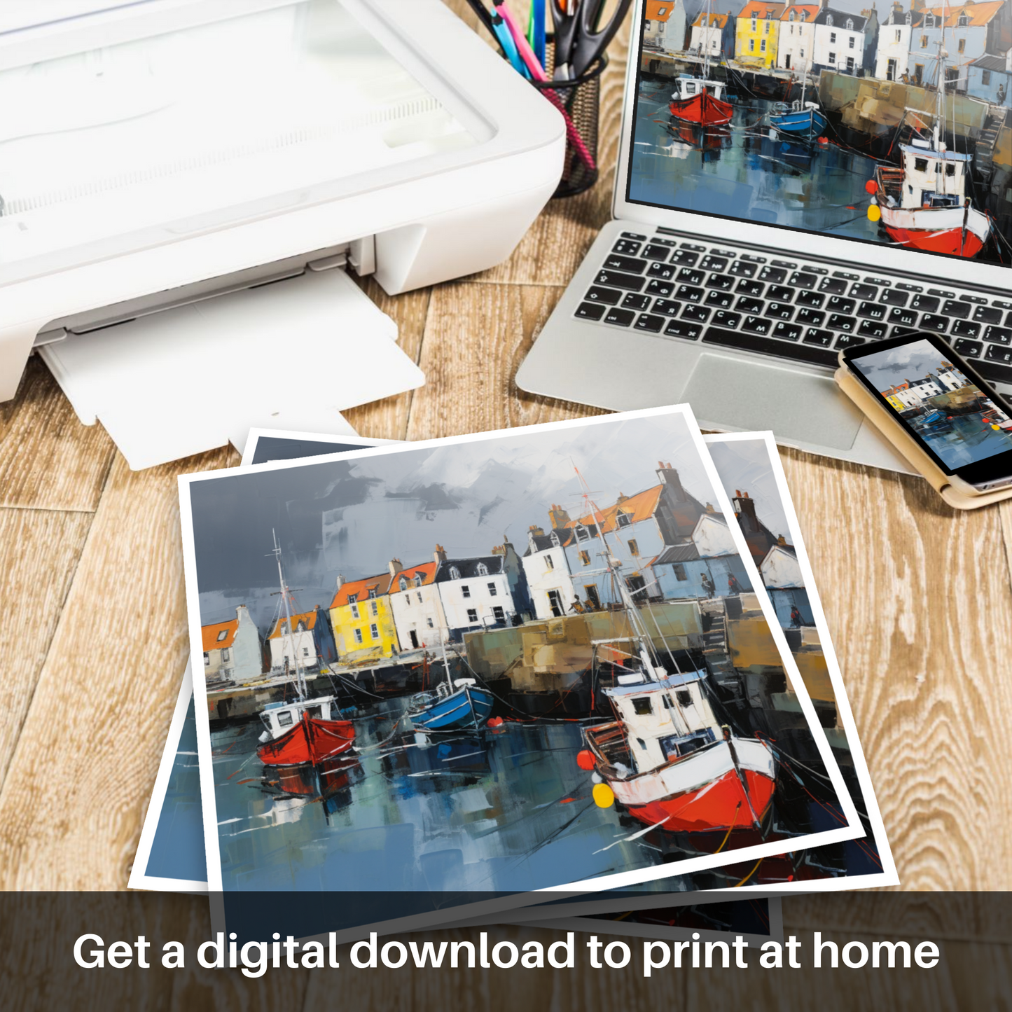 Downloadable and printable picture of St Monans Harbour with a stormy sky